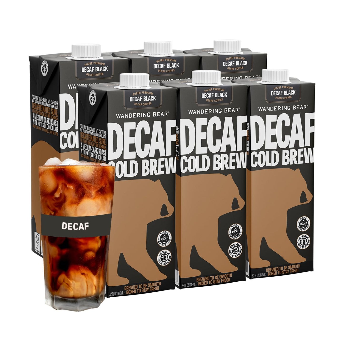Wandering Bear Decaf Cold Brew Coffee, 32 fl oz, 6 pack - Extra Strong, Bold, Smooth, Unsweetened, Shelf-Stable, Ready to Drink, Iced Cold Brewed Coffee Drinks - Gluten Free & Vegan Decaf