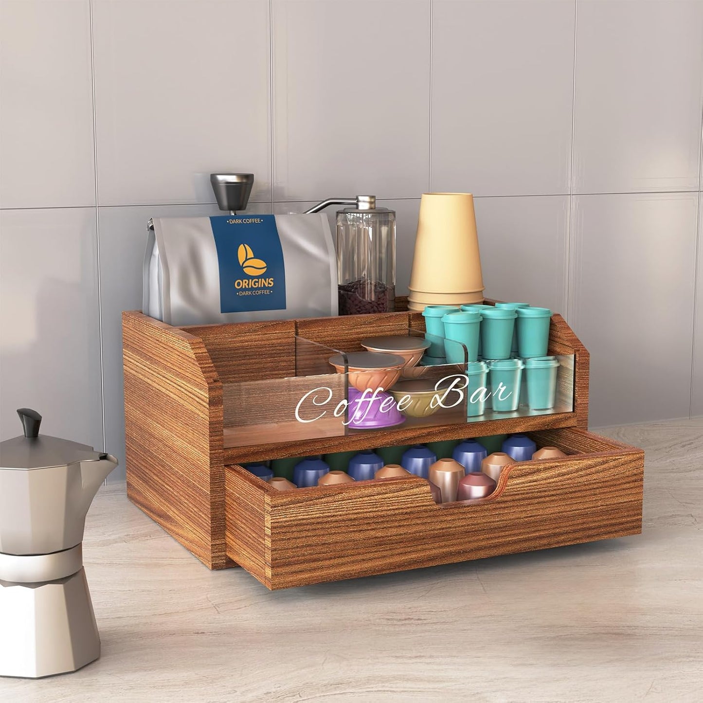 NiHome Solid Wood & Acrylic Coffee Station Organizer with Storage Drawer, Multi-Purpose Adjustable Compartments Coffee Pod Holder for Home, Office, Hotel, Kitchen Counter Storage for Tea, Sugar, Cups