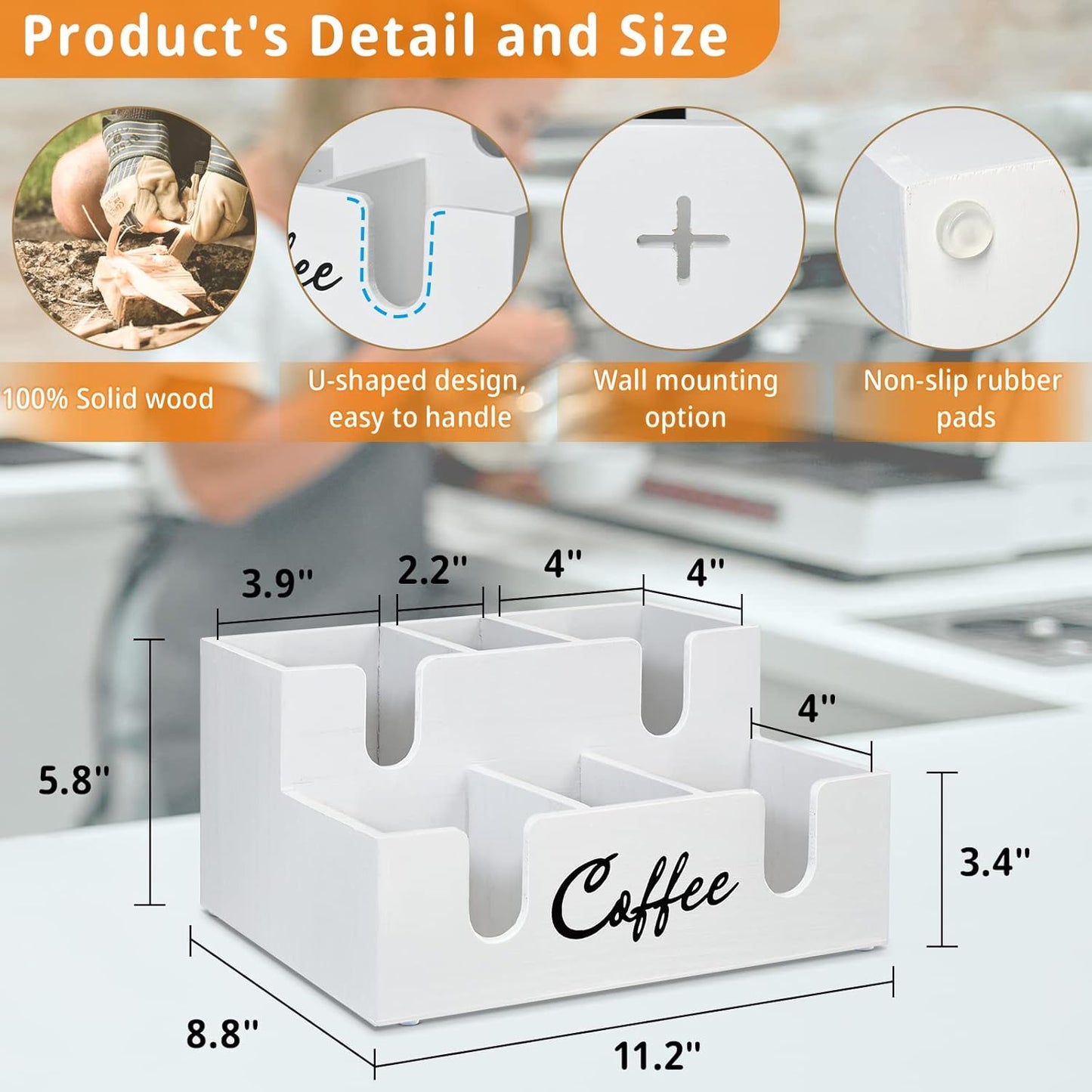 Wooden Coffee Station Organizer - 6 Compartment Lid Holder for Counter, Dispenser for Paper Cups, Condiment Storage