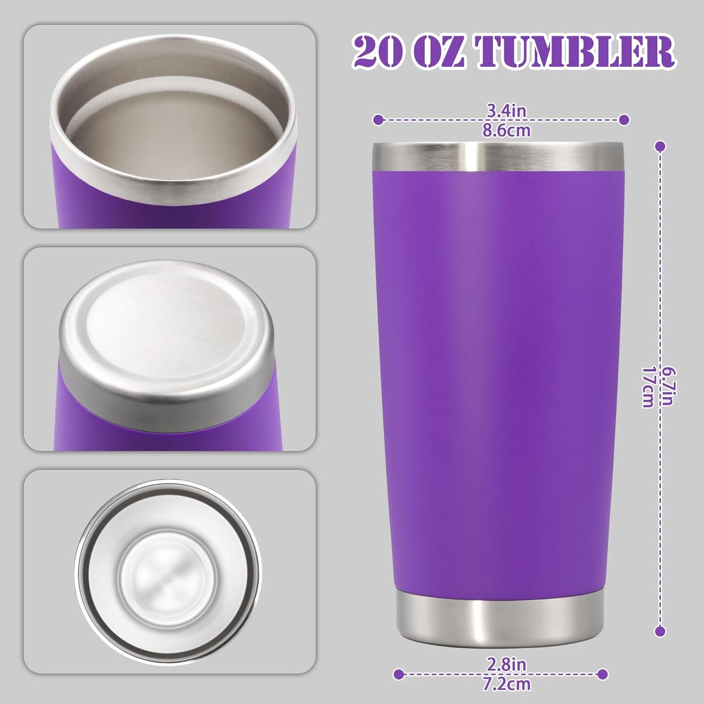 20 oz Tumbler with lid Double Wall Vacuum Insulated Tumblers Stainless Steel Coffee Mug Travel Coffee Tumbler Powder Coated Tumbler Cup Keep Hot&Cold - (PurPle 6 Pack)