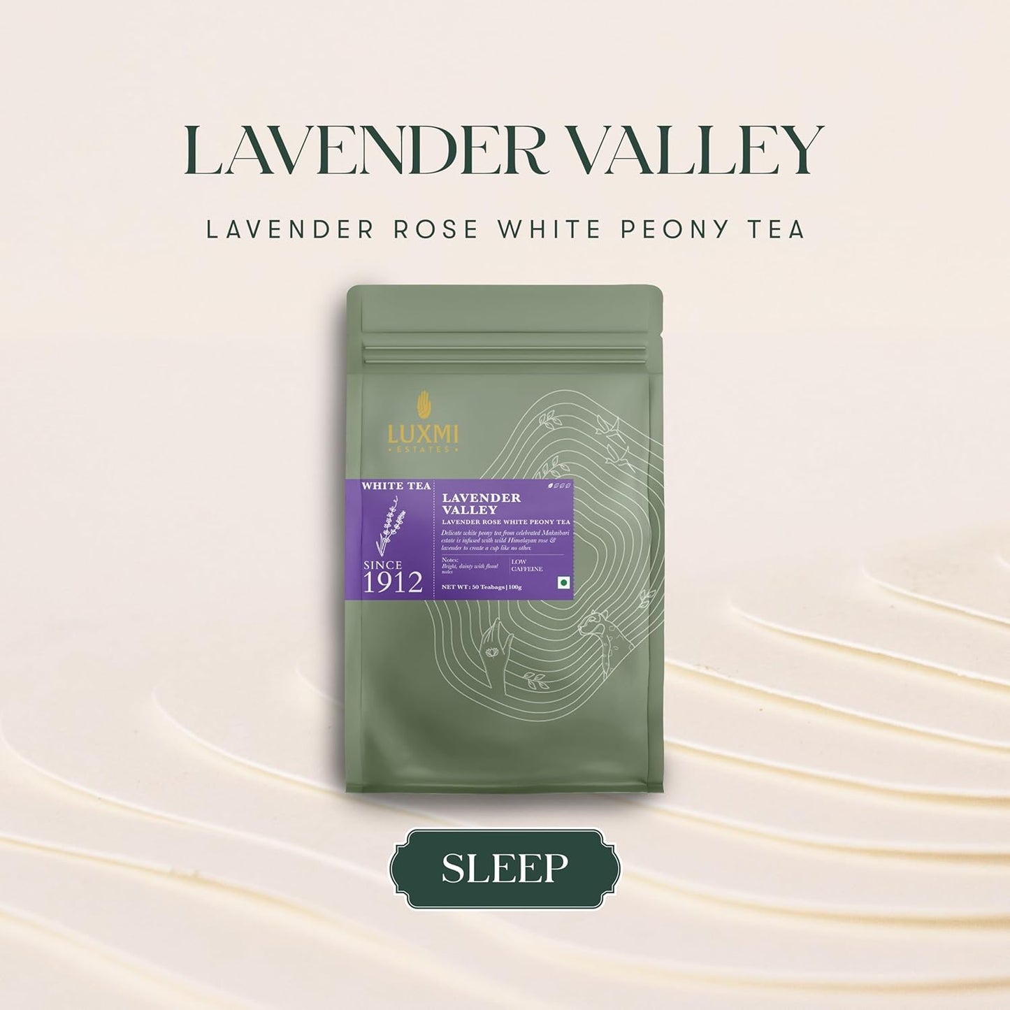 Luxmi Estates Lavender Valley Organic Lavender Tea (50 Tea Bags) Low Caffeine Tea Bags For Sleep, Relaxing, Calming, and Stress Relief, With Certified Organic Darjeeling Makaibari White Tea
