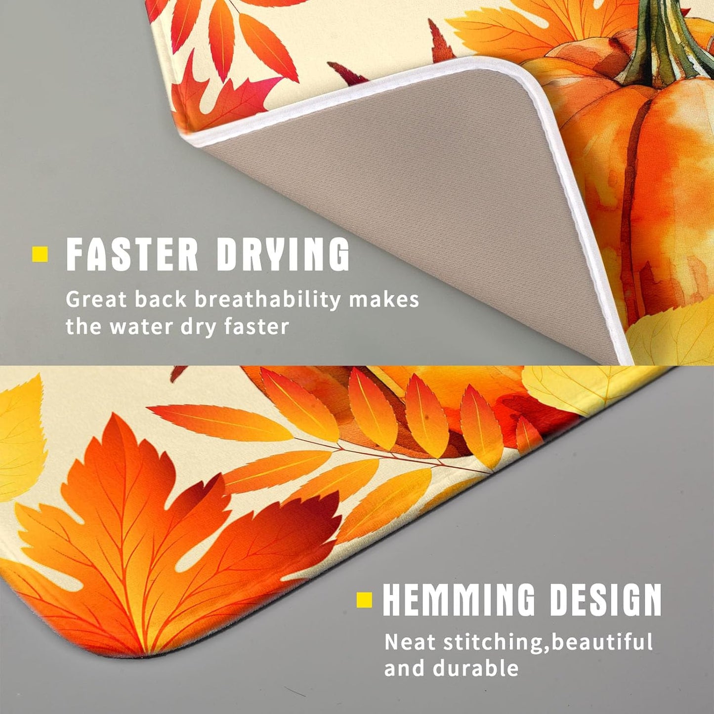 Autumn Pumpkin Maple Leaf Dish Drying Mat for Kitchen Counter,Thanksgiving Fall Holiday Drying Mat with Hanging Loop 16 x 18 Inch Microfiber Dish Drying Pad Dish Rack Drainer Mat for Coffee Bar