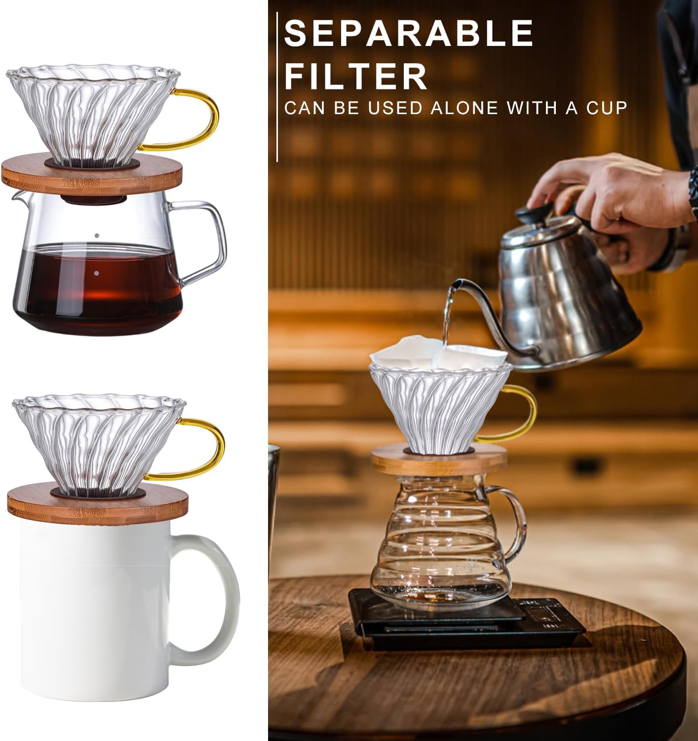 Gute Glass Coffee Dripper/Filter - Cone Glass Pour Over Coffee Dripper with Bamboo Stand & Handle, 1-4 Cups Drip Coffee Maker Funnel Accessories for Home, Office
