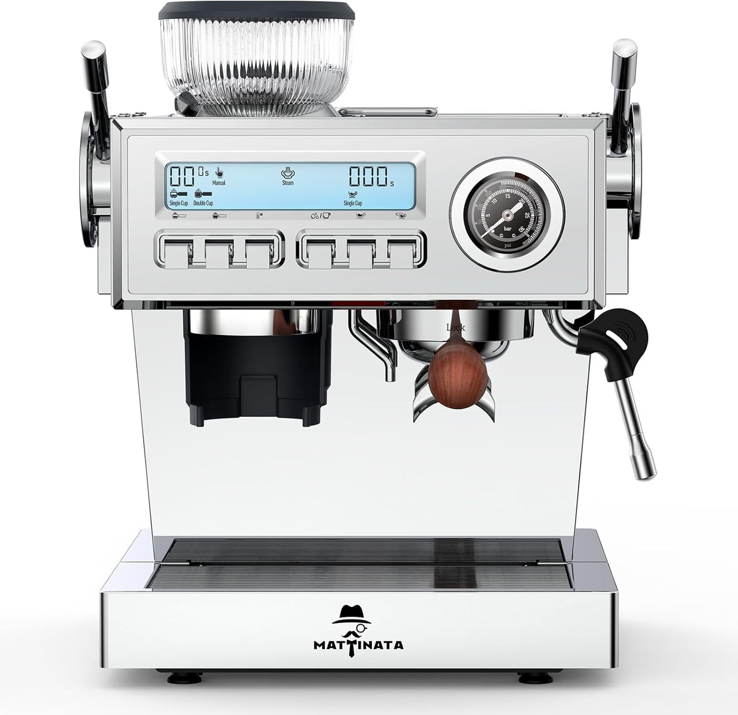 Espresso Machine with Grinder, 58mm Dual-Boiler Semi-Commercia Coffee Maker 20 Bar Professional with Milk Frother Steam Wand for Cappuccino, Barista LCD Display for Home, Stainless Steel