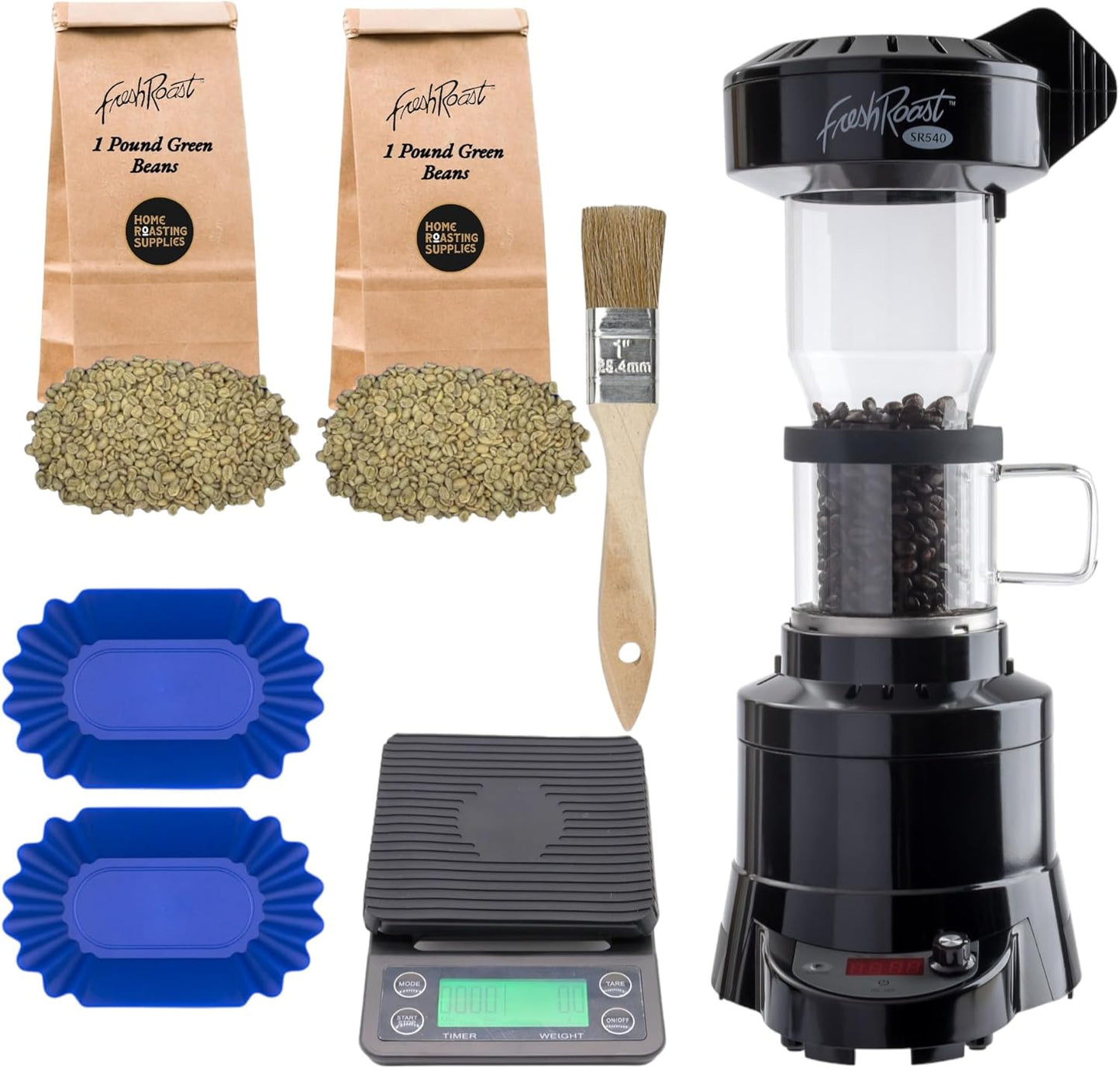 Coffee Roaster Bundle SR540, Glass Extension Tube, Pour Over DIgital Scale, (2lbs) Sample Pack of Green Beans, (2-Pack) Sample Trays, Chaff Brush