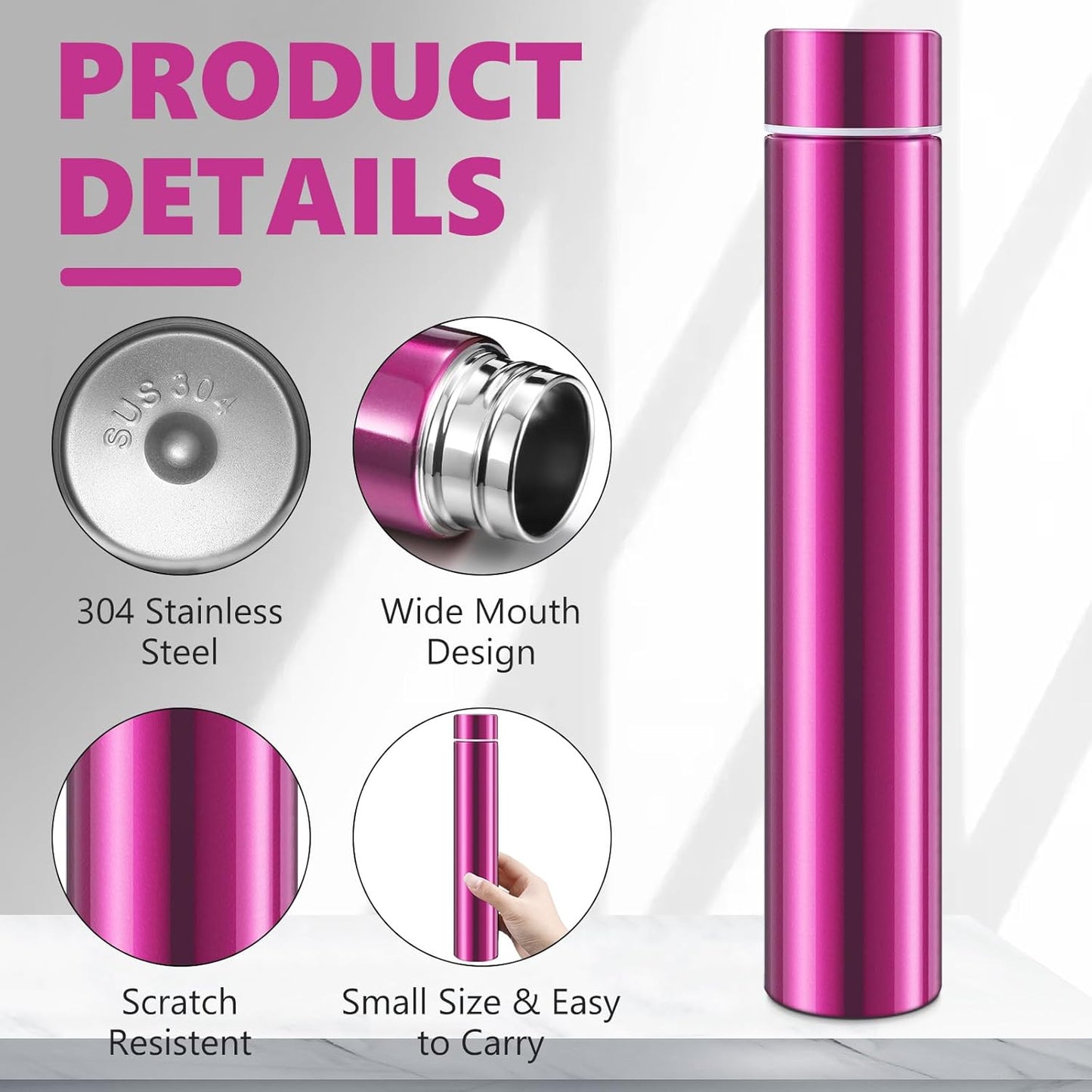 Vesici 1 Pack Slim Water Bottle 8.8 oz Small Stainless Steel Purse Compact Insulated Water Bottles Camping Travel Backpack Pocket Flask for Car Cold Coffee Tea (Hot Pink)