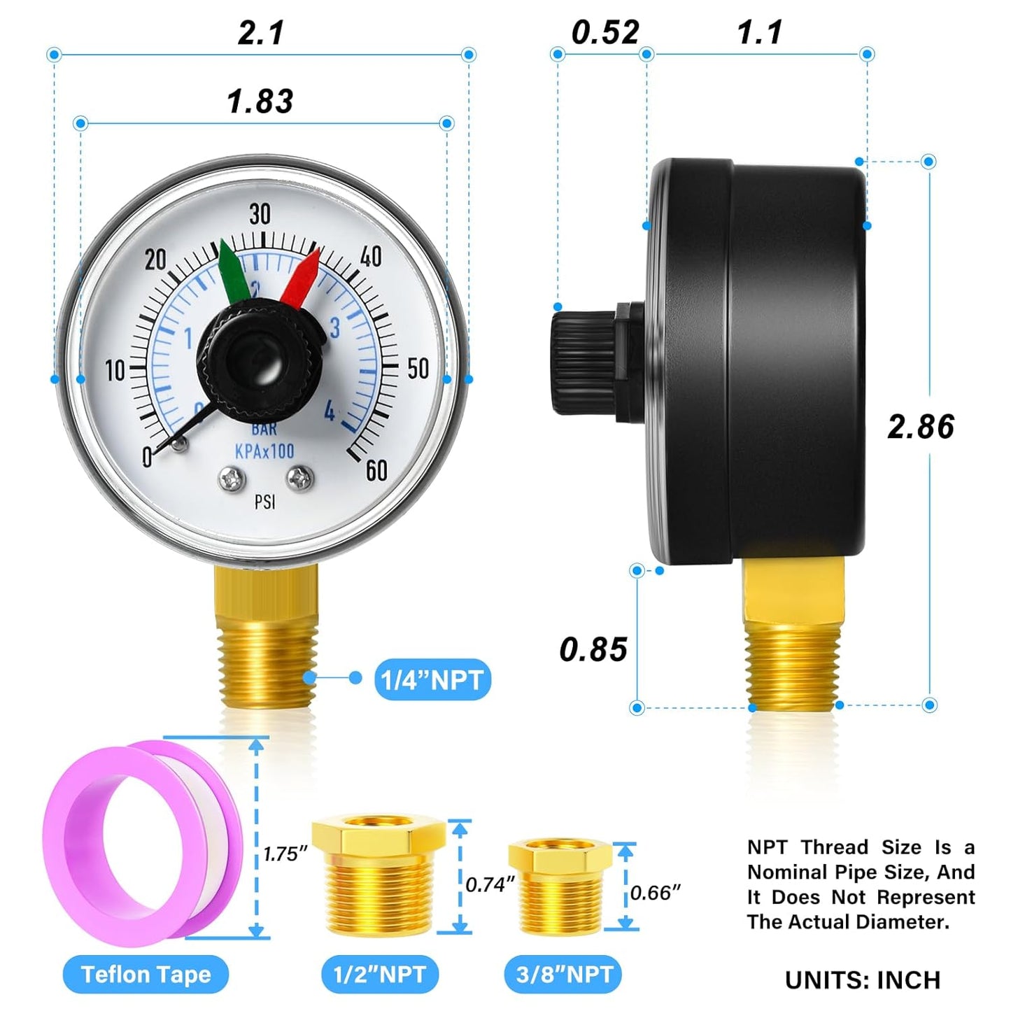 MEANLIN MEASURE 0-60Psi 1/4" NPT Pressure Gauge Box with dial for selecting Filter, 3-2-3% Accuracy, Lower Mount, with 1/2" NPT and 3/8" NPT Hex Bushing