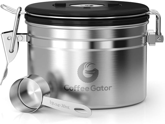 Coffee Gator Coffee Storage - 11oz Small Stainless Steel Tea and Sugar Containers - Stainless Steel Canisters with Date-Tracker, CO2 Valve for Freshness & Scoop - Silver