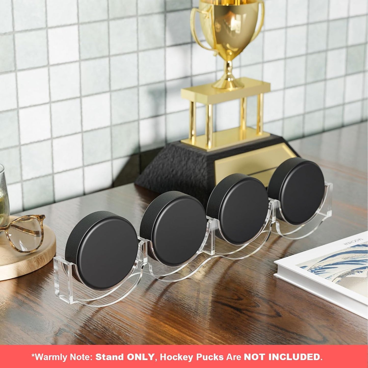 Cosmos 2 Pcs Hockey Puck Display Case Acrylic Hockey Puck Holder for 4 Pucks, Wall Mount Ice Hockey Puck Display Shelf Storage Rack for Collecting Pucks and Room Decoration, 14.6 x 2.2 x 1 in (Clear)