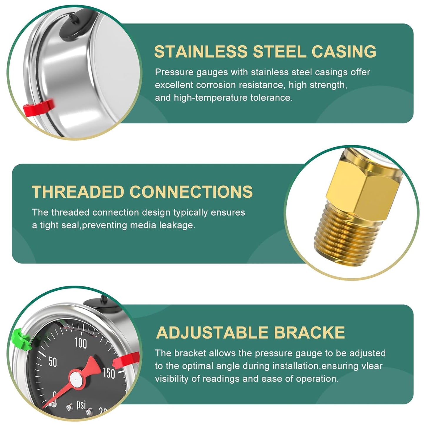 0-200PSI Stainless Steel Glycerin Filled Pressure Gauge 1.5" Black Dial Size, 1/8" NPT Lower Mount, for Tube, Water Pump, Gas, Liquid, Pressure Test (with Range Mark Pointer)