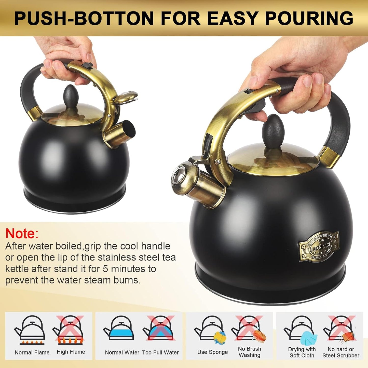 3Quart Whistling Tea Kettle Classic Teapot Stainless Steel Teakettle with Cool Grip for Stovetop