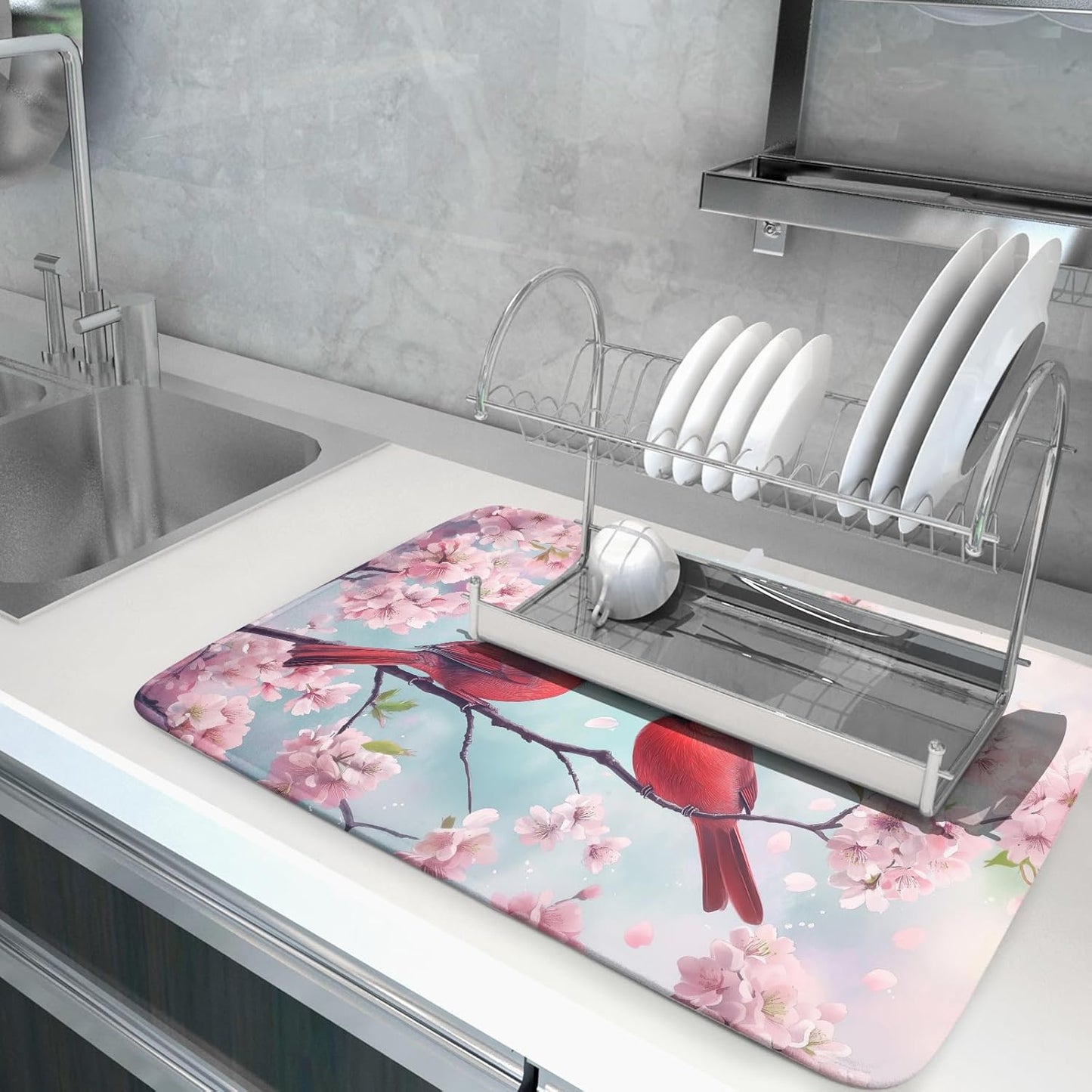 Giwawa Spring Birds Dish Drying Mat, Cherry Blossom Red Birds Dish Drainer Mats for Kitchen Countertop, Watercolor Floral Absorbent Reversible Dish Drying Pad Decor, 18x24inches, Large