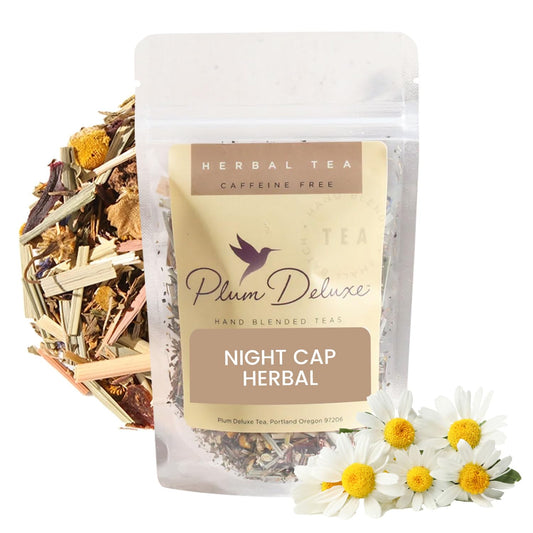 Night Cap Herbal Tea – Sleepytime Loose Leaf Tea for Relaxation & Sleep – With Chamomile, Valerian, Peppermint & Lemon Balm – Makes 60–80 Cups – Caffeine Free – Handcrafted in USA – Plum Deluxe