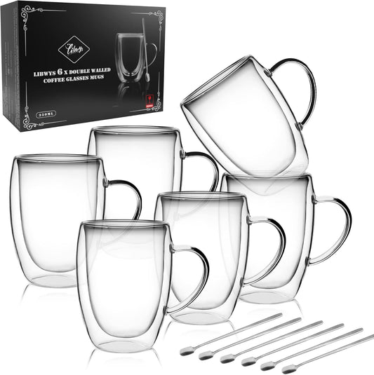 LIBWYS 6 Pack Double Walled Coffee Cups Glasses Mugs, 12oz Espresso Cappuccino Latte Tea Cups with Handle, Heat Resistant Borosilicate Clear Glasses 350ml