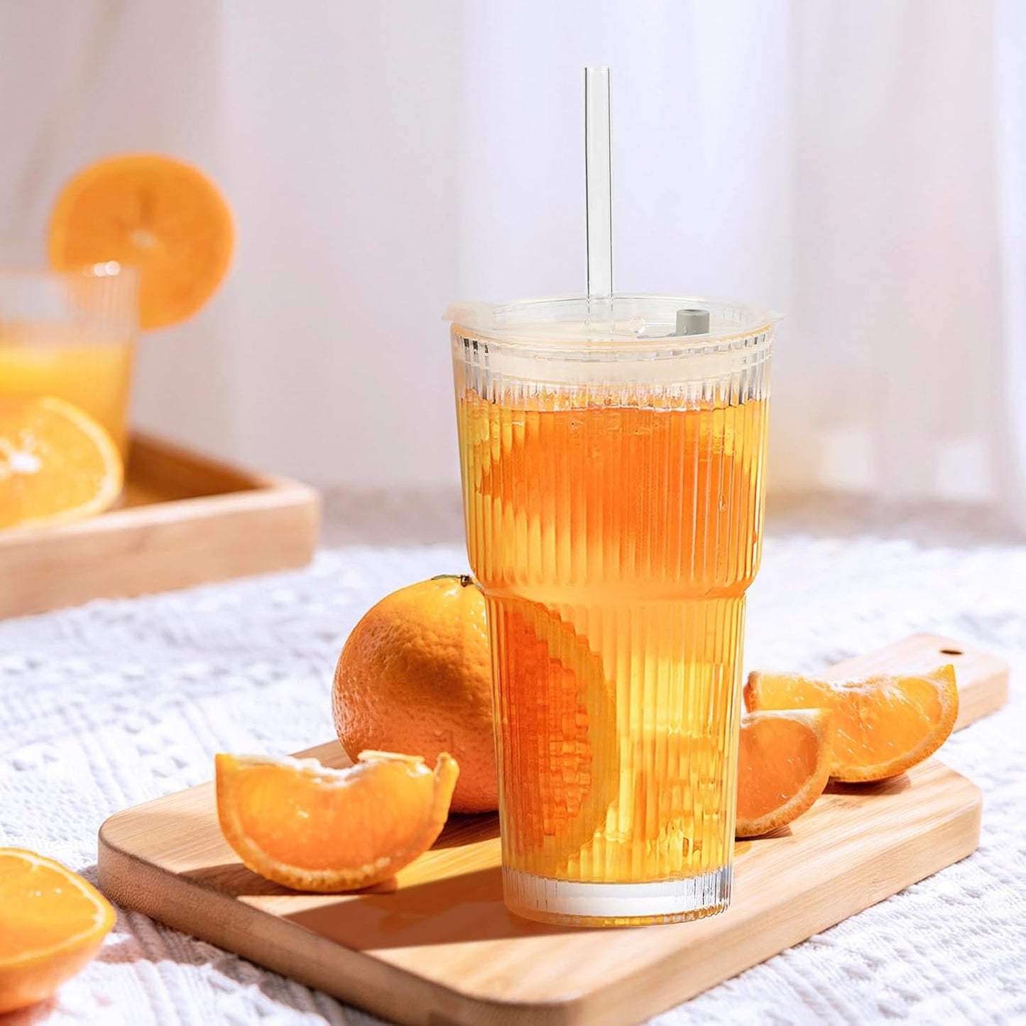 20oz Ribbed Glass Cups with Lids and Straws, Vintage Glass Tumbler with Straw, 2 Piece Iced Coffee Cups Set, Thicked Wall Drinking Glasses Ideal for Coffee, Smoothies, Juices Matchas