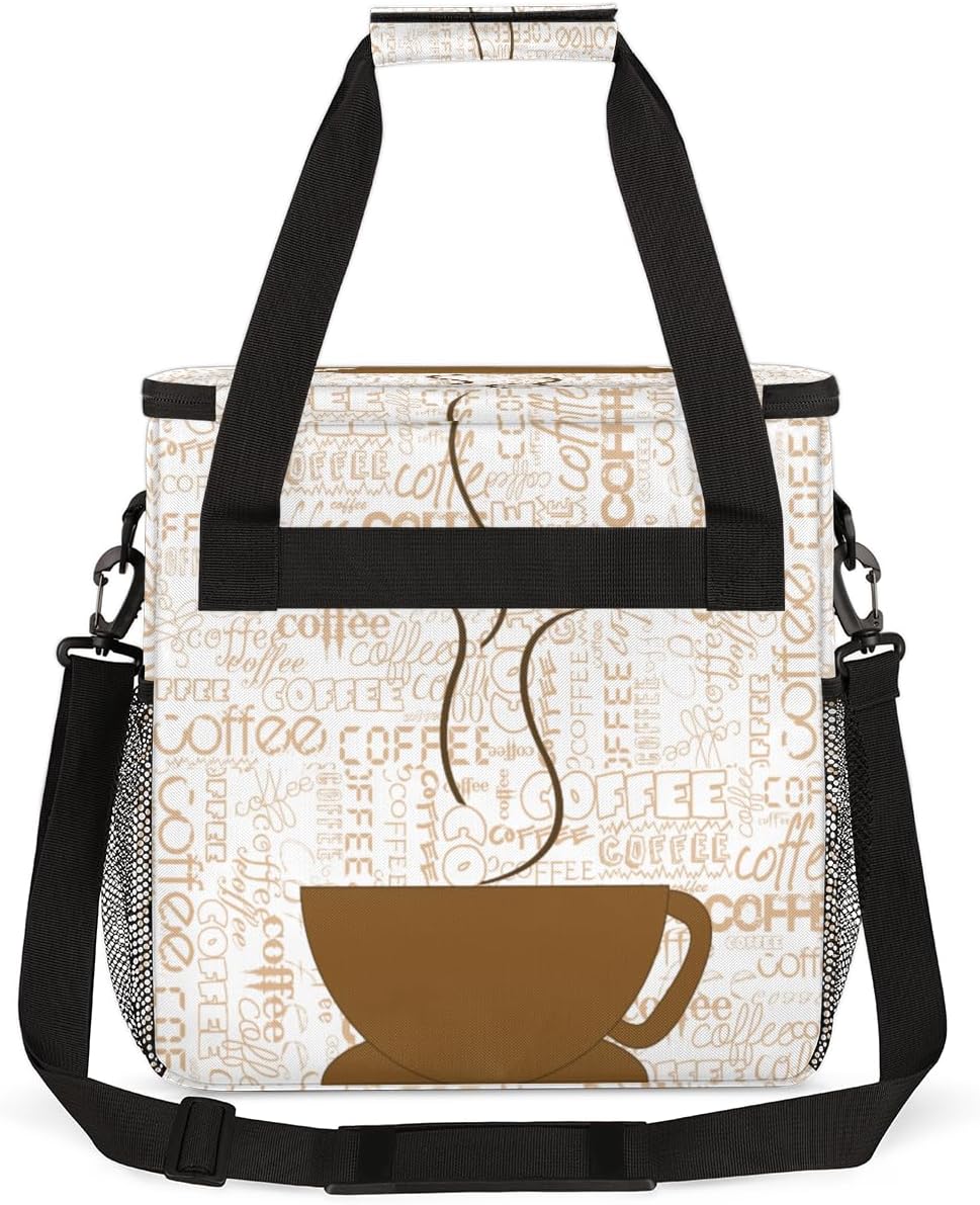 Coffee Cup Coffee Maker Carring Bag Coffee Texts Travel Carrying Storage Tote Bag Compatible with Keurig K-Mini or K-Mini Plus Portable Single Serve Coffee Brewer Case with Pockets for K-cup Pods