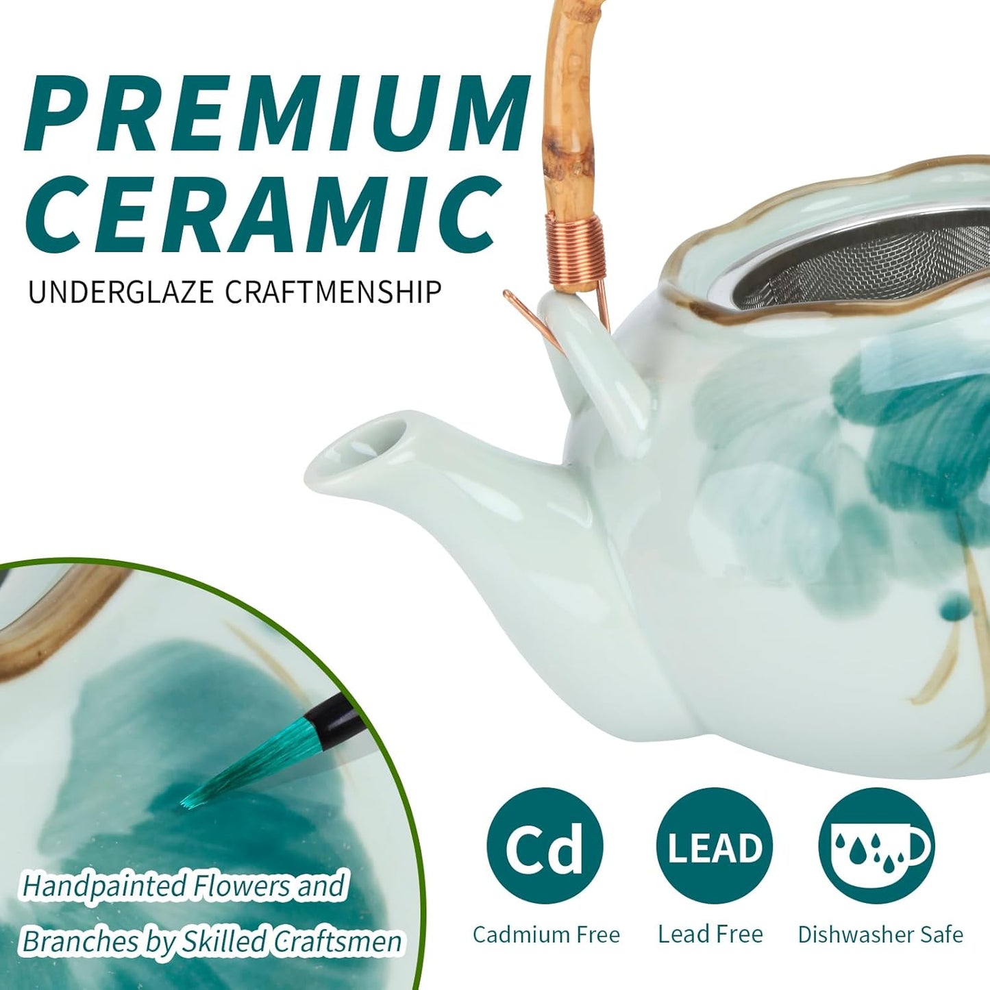 Japanese Tea Set Porcelain Tea Set with Teapot and Tea Cup Set for 4, Green and White Tea Sets for Adults with Stainless Infuser and Bamboo Tray, Asian Tea Set for Tea Lovers/Women/Men (Lotus)