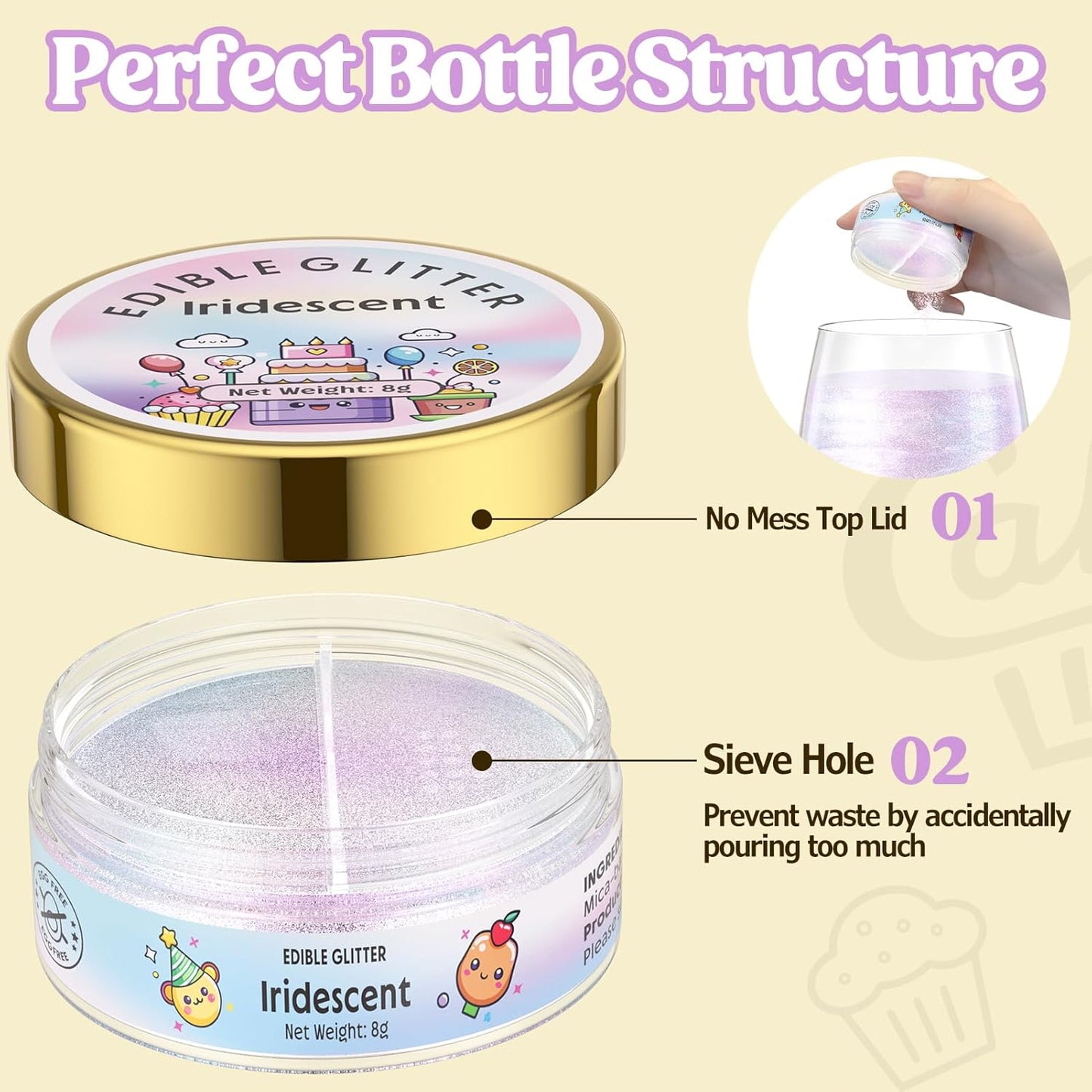 Nomeca Edible Glitter for Drinks Cakes, 8 grams Food Grade Luster Dust Sprinkles Glitter for Cake Decorations, DIY Cocktails, Beverages & Cake Decorating, Dessert Cake Topper (3-Iridescent)