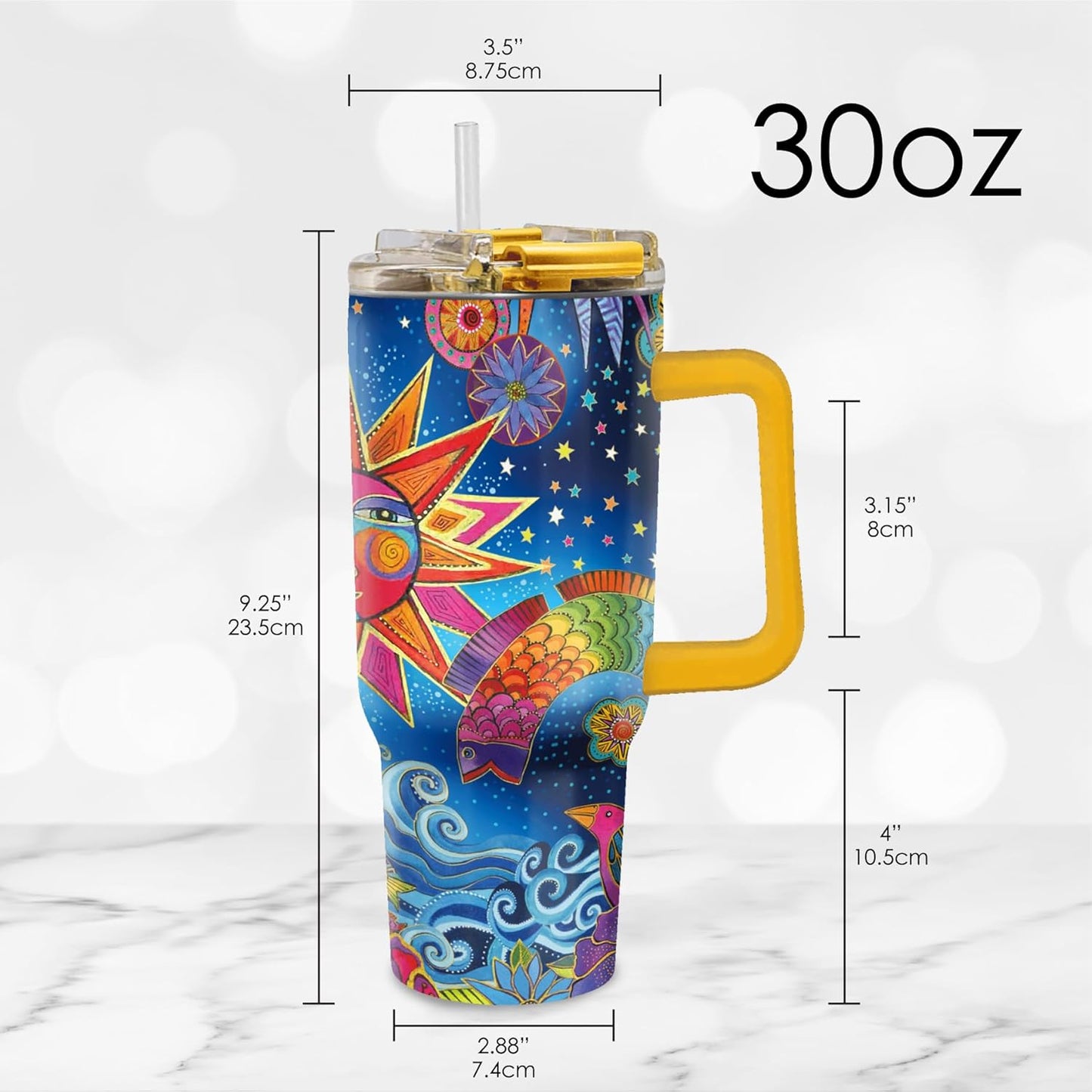 RainCaper 18/8 Stainless Steel Insulated Water Tumbler with Straw | 30oz, BPA-Free, Double Wall for Hot & Cold | Travel-Friendly, Cup Holder Ready (Laurel Burch Celestial Magic)