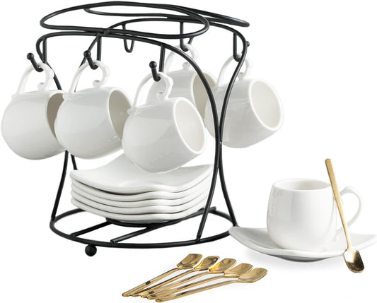 LYEOBOH Espresso Cups with Saucers Set, Porcelain Coffee Cups and Metal Stand and Spoons, Small Demitasse Cups for Espresso, Latte, Cafe Mocha, Cappuccino, and Tea, 3 OZ, Set of 6, White