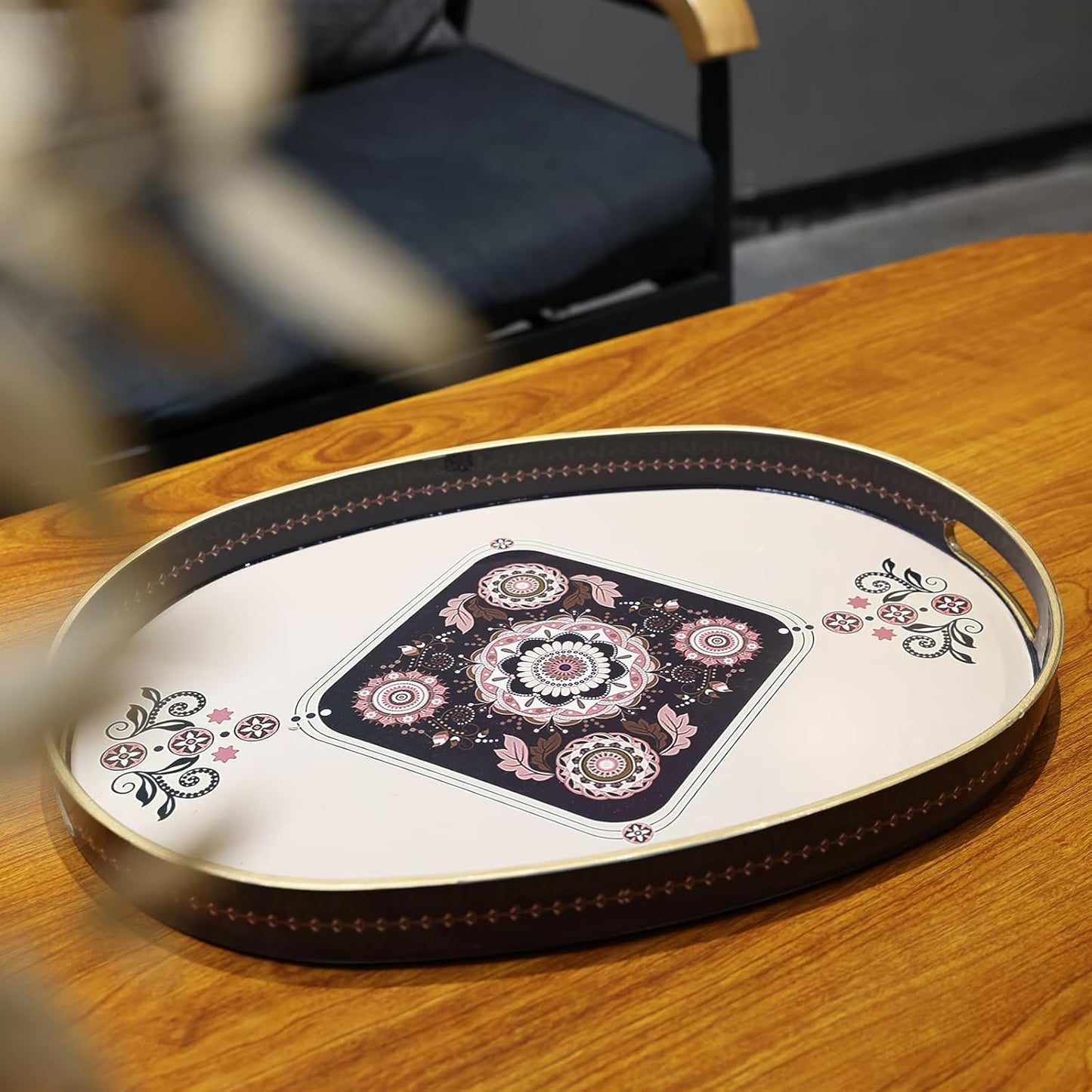 Oval Plastic Serving Tray with Handles, Elegant Decorative Tray for Coffee Table, Ottoman, Living Room, Kitchen, Outdoor Use. 10"*16"*1.4" C