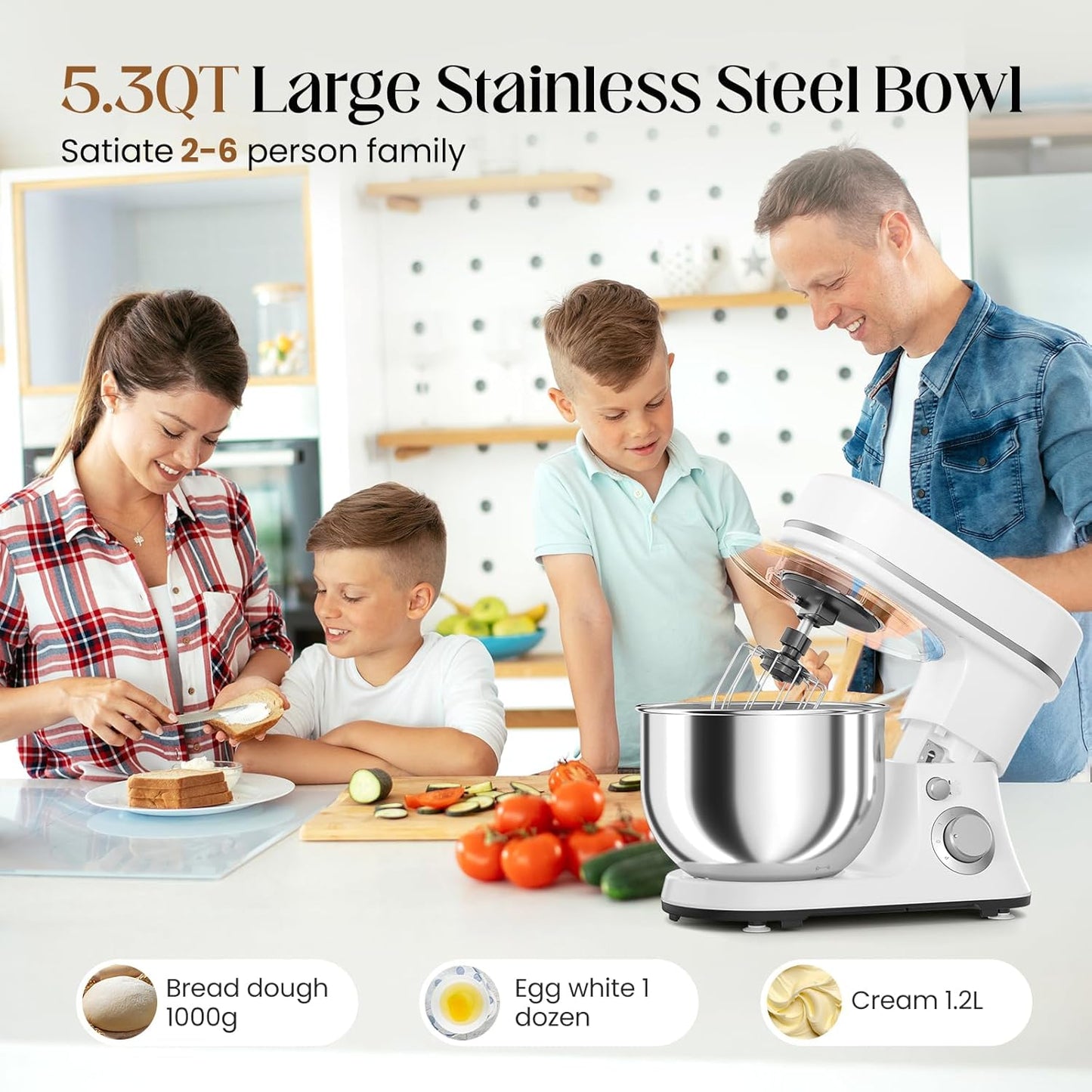 800W Stand Mixer with 5.3QT Bowl, 6-Speed with Pulse Electric Kitchen Mixer, Food Mixer with Dough Hook, Whisk, Beater Tilt-Head & Non-Slip Base for Cookie, Cake, Bread & Baking-White