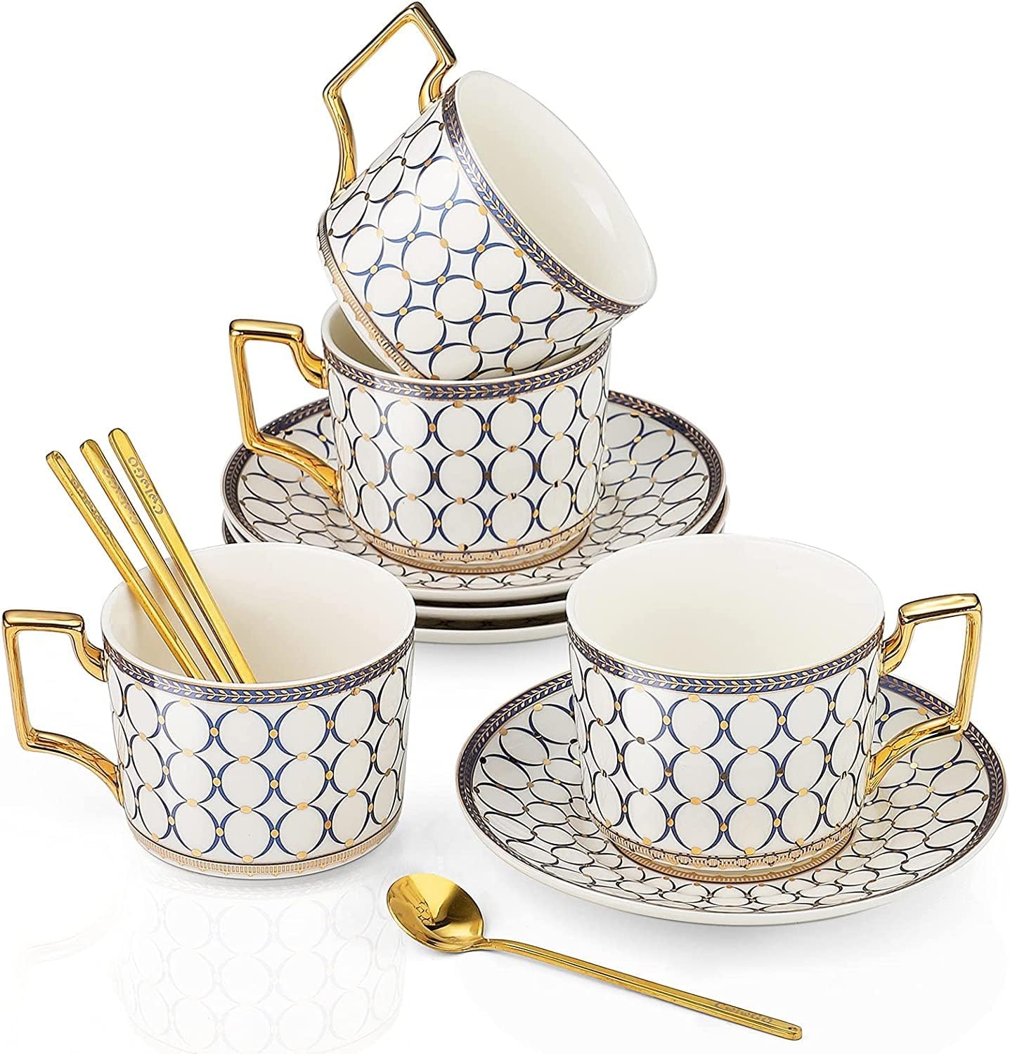 CwlwGO-European Style Ceramic Coffe Cup and Saucer Sets, 7 Oz Bone China Beautifully Glazed Blue Gold Tea Cup Set, Golden Spoon,Cappuccino, Latte, Suitable For Women's Gifts (4 pack)