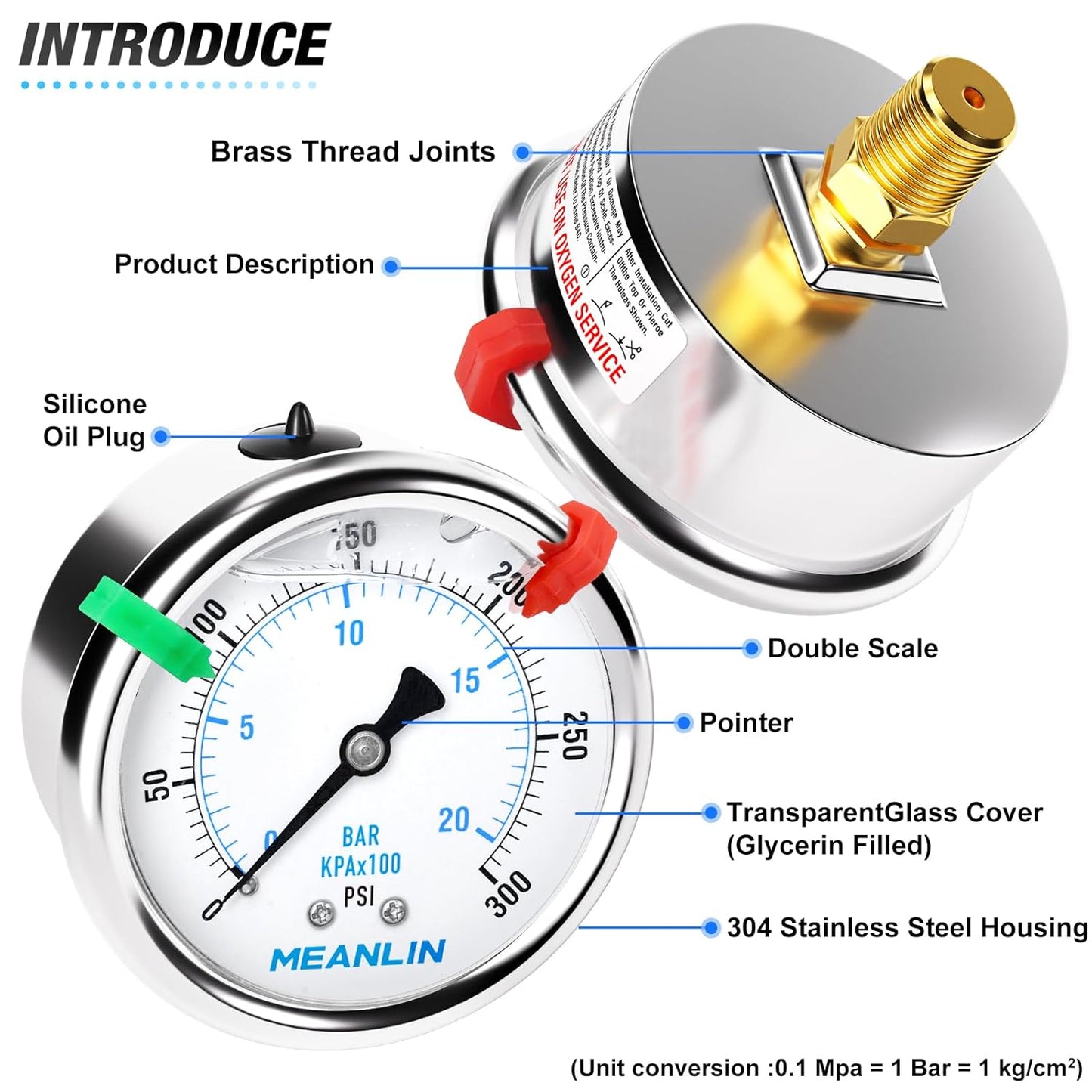 MEANLIN MEASURE 0~300Psi Liquid Filled Pressure Gauge 1/4" NPT 2.5" FACE DIAL Stainless Steel Glycerin Filled WOG Water Oil Air Back Mount (with 2PCS Snaps)