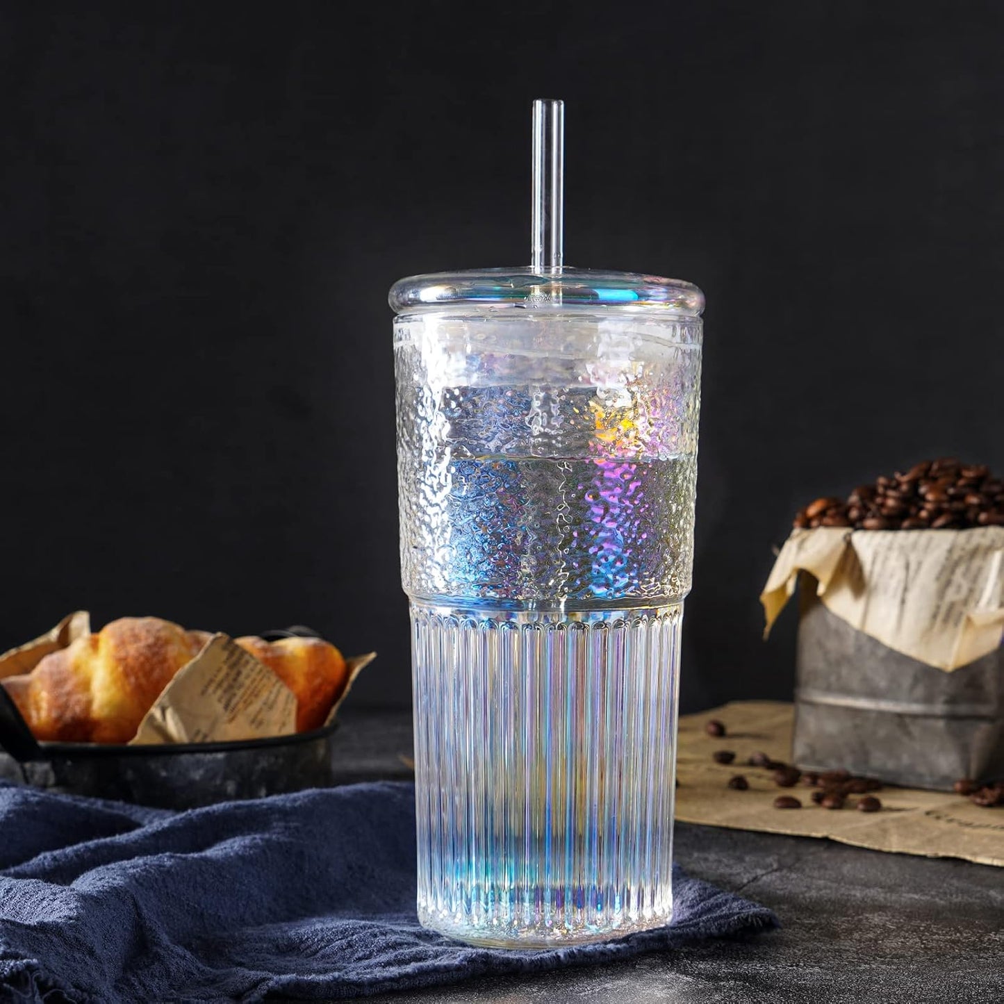 Colorful High Borosilicate Glass Cups With Lids and Glass Straws，20 OZ Rainbow Iced Coffee Water Tumbler Smoothie