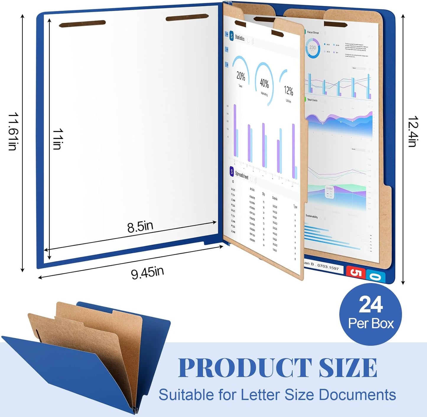 24 Pcs Classification Folders Letter Size, Back to School Supply for Teacher, Student, 2 Dividers Pressboard File Folder Bulk with Fasteners, 3.5 Inch Expanding File Organizer(Dark Blue)