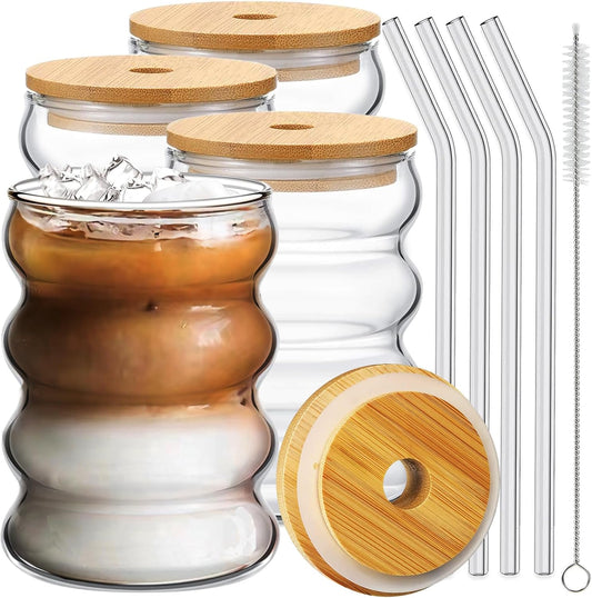 4 Pcs Drinking Glasses with Bamboo Lids and Glass Straw 14oz Glassware Set,Cocktail Glasses,Iced Coffee Glasses,Beer Glasses,Ideal for Water,Soda,Tea,Gift - with Cleaning Brushe
