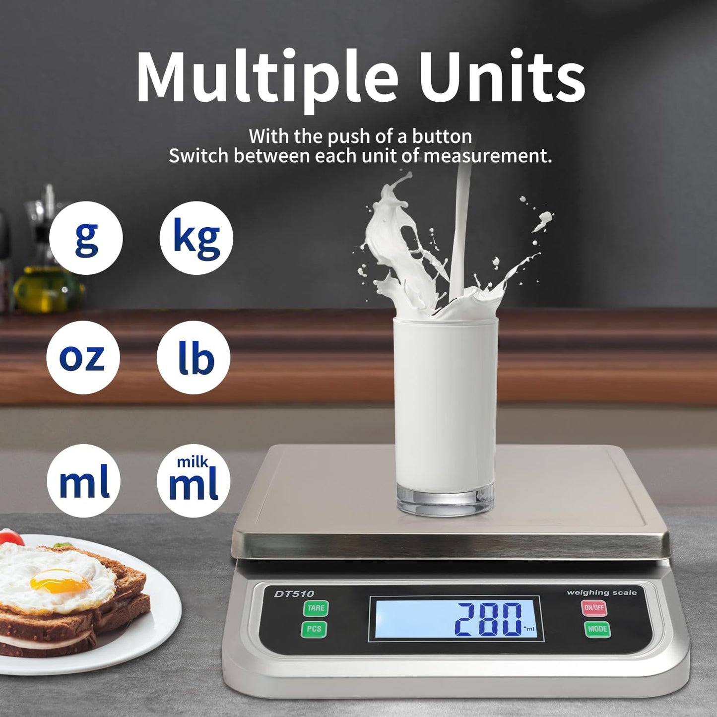 Large Kitchen Scale 40kg Food Scales for Kitchen with Tare and Pcs Funtion 88lbs Stainless Stee Tray Baking Scale for Cooking with Adapter, 6 Units(Silver, 40kg)