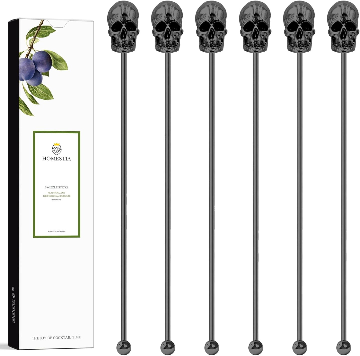 Homestia 6Pcs Skull Swizzle Sticks 7.5inch Coffee Stirrers Reusable Stainless Steel Beverage Cocktail Stirrer for Bar Halloween Party Mixing Drinks (Black)