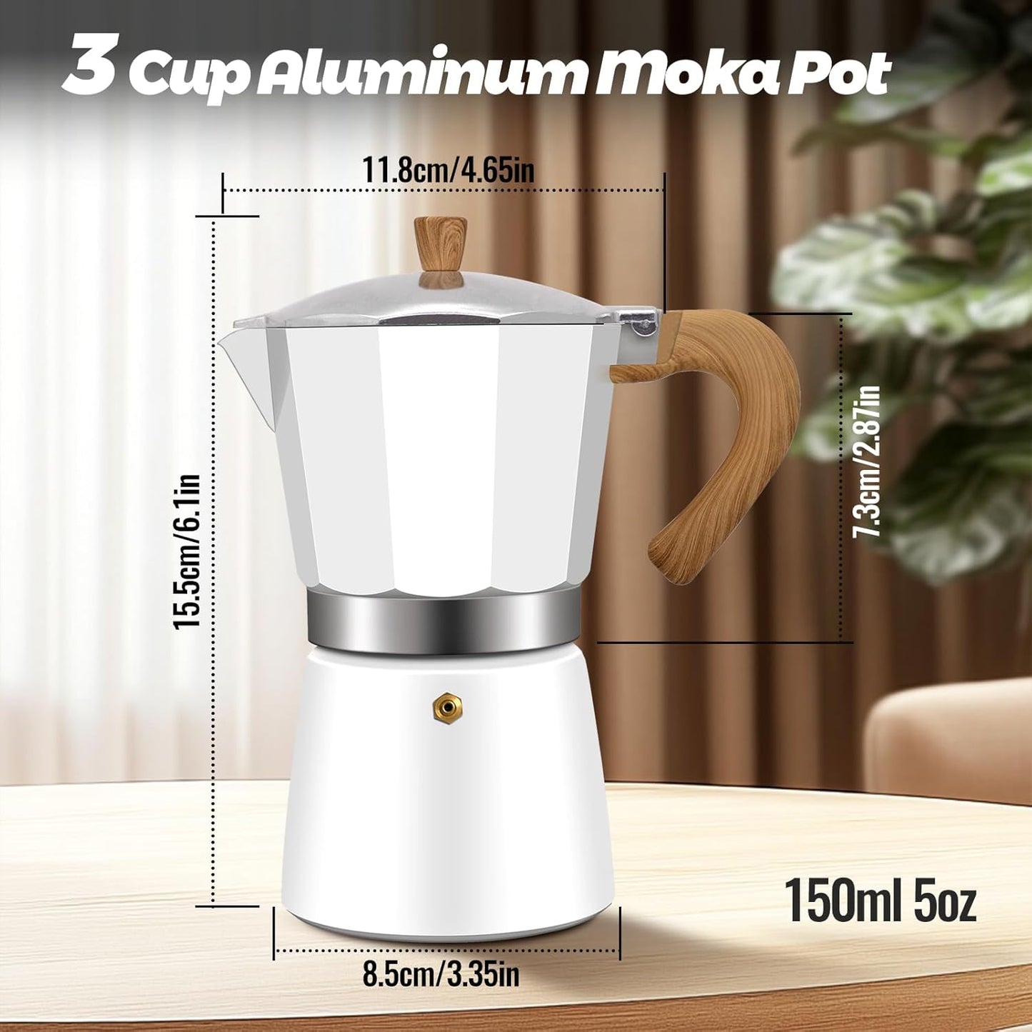 3 Cup Aluminum Moka Pot Classic Stovetop Espresso Coffee Maker 150ml 5oz Coffeemaker Percolator Mocha Express Preferred Cafe Makers for Italian and Cuban Café Brewing White