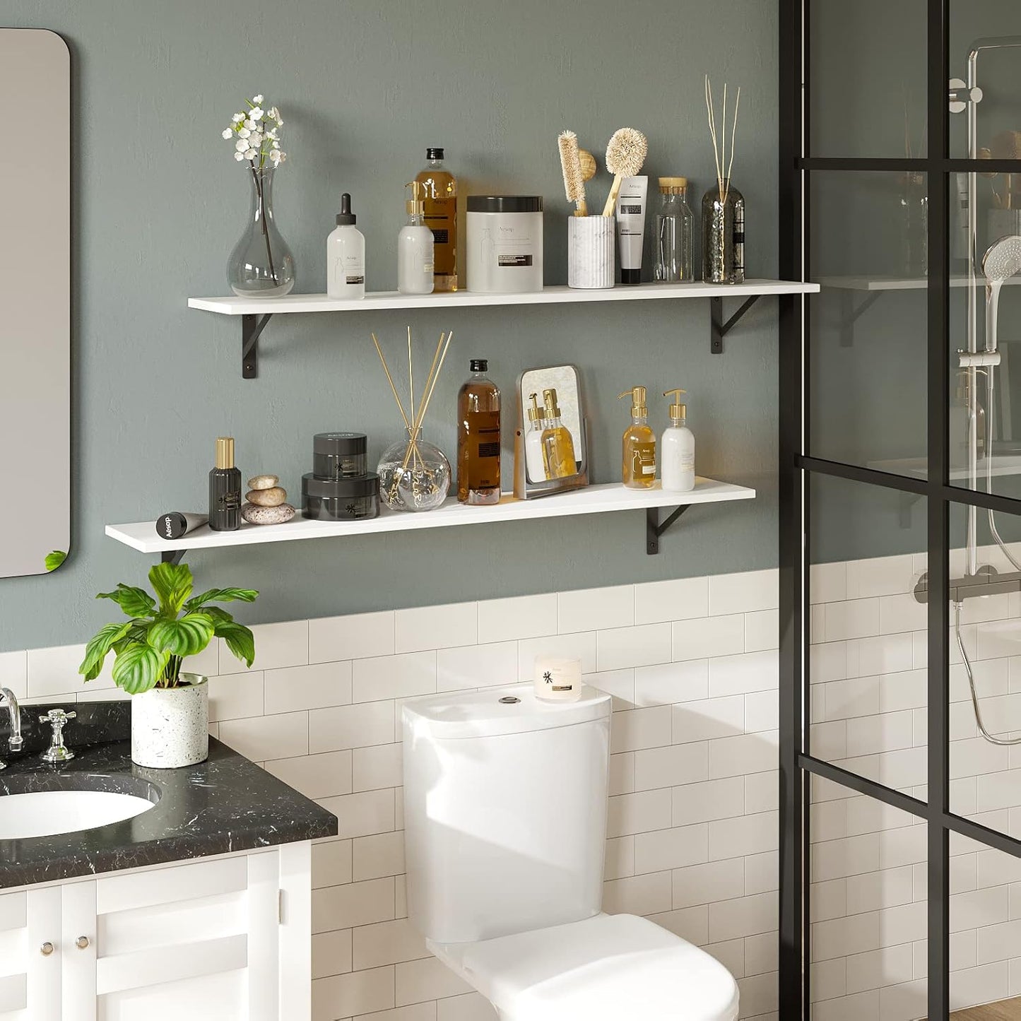 DINZI LVJ Long Wall Shelves, 55.1Inch Wall Mounted Shelves Set of 2, Extra Large Floating Storage Ledges with Sturdy Metal Brackets for Living Room, Bathroom, Bedroom, Kitchen, White