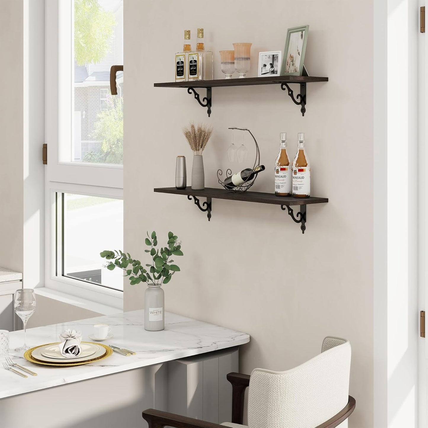 RICHFOCUS Floating Shelves for Wall Decor, 31.5W x 8D Shelves Set of 2, 8" Deep Rustic Wood Floating Shelves Wall Mounted with Metal Brackets, Shelves for Living Room Bedroom Kitchen, Black