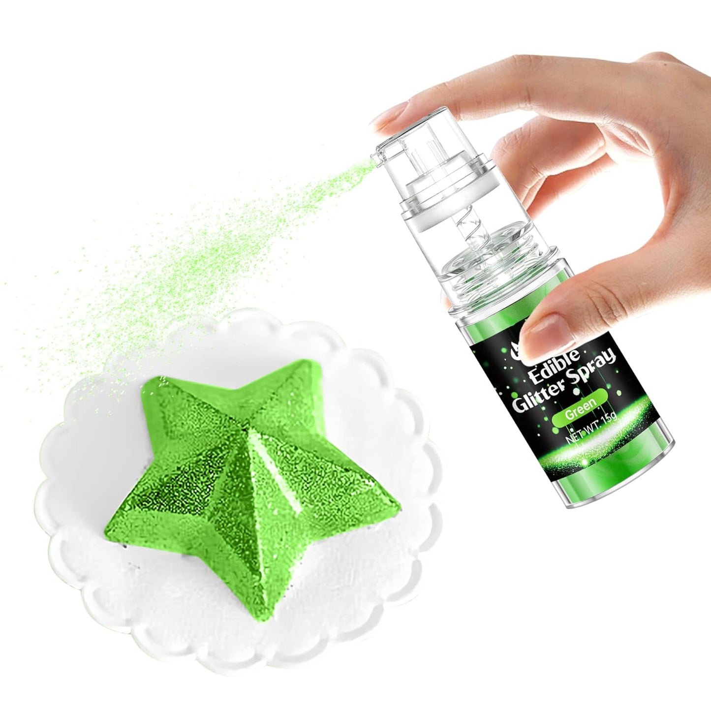 Green Edible Glitter Spray - 15g Edible Green Glitter for Cakes Food Grade Metallic Shimmer Powder Cake Spray for Cookie Decorating Chocolate Strawberry