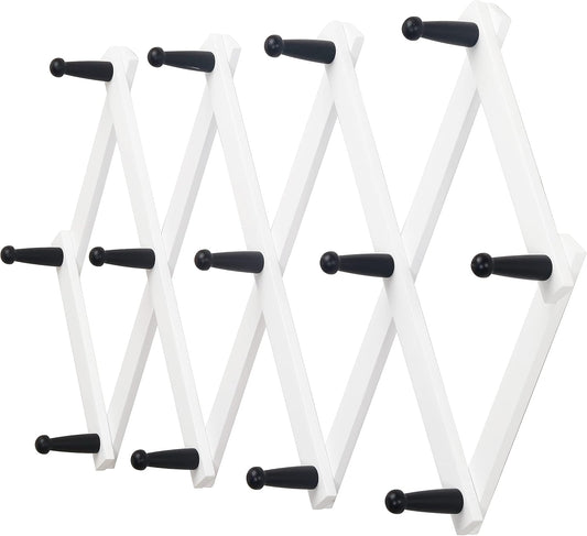 Dseap Accordian Wall Hanger: 16” High Wooden Wall Expandable Coat Rack, Hat Rack Holder, Accordion Hook for Baseball Caps, Coats, Mugs, 13 Peg Hooks, White & Black