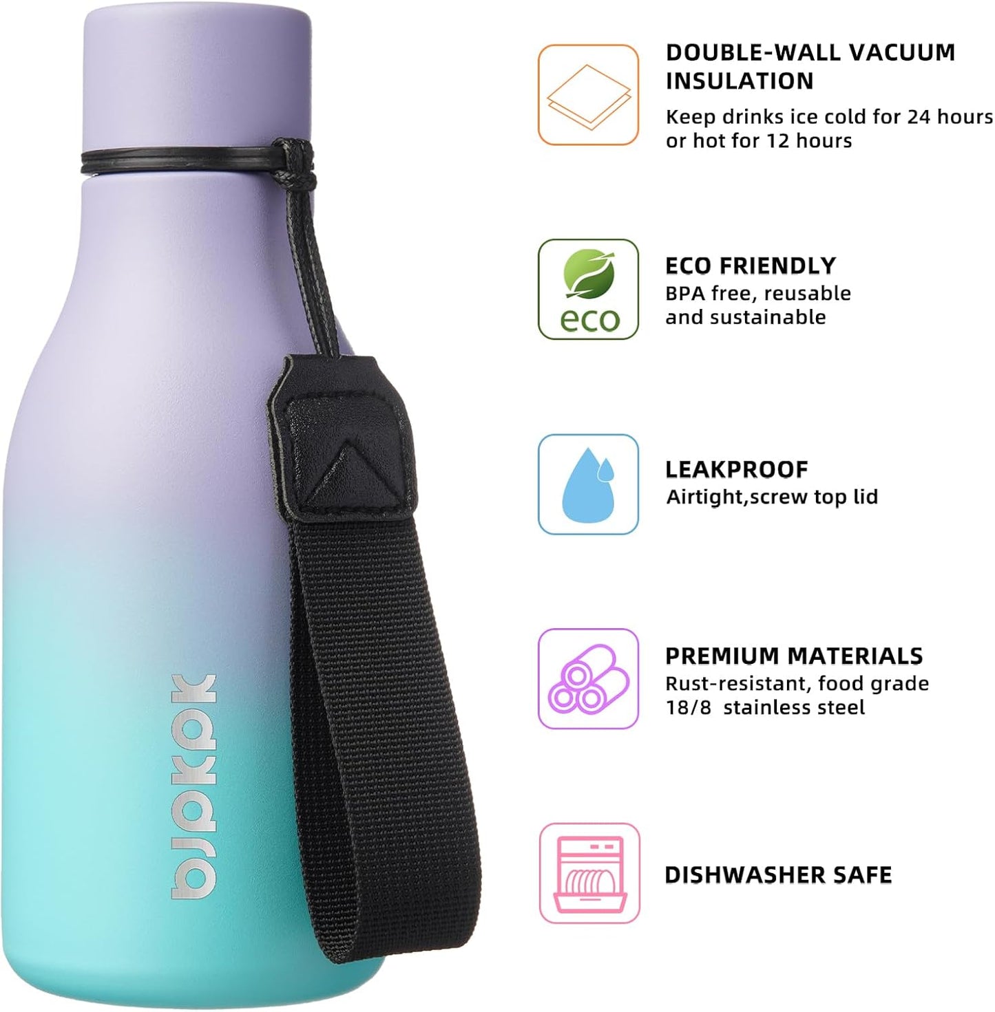 BJPKPK Insulated Water Bottles, 12oz Stainless Steel Metal Water Bottle with Strap, BPA Free Leak Proof Thermos, Mugs, Flasks, Reusable Water Bottle for Sports & Travel, Lavender Mint