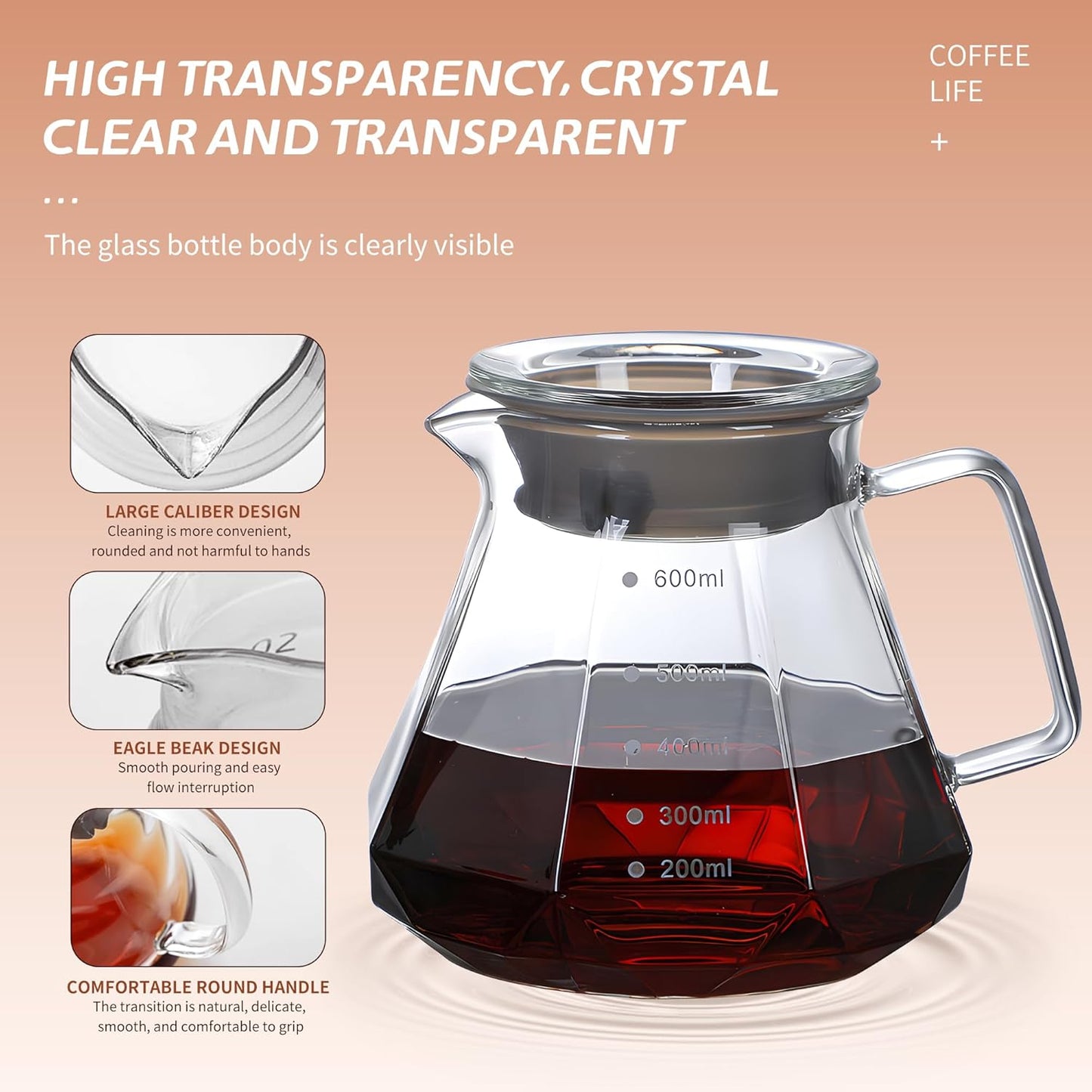 Glass Coffee Server for Drip Coffee Maker,Diamond Fashion Design Glass Coffee Carafe, Coffee Pot with Lid, Clear, 600ml(20oz)