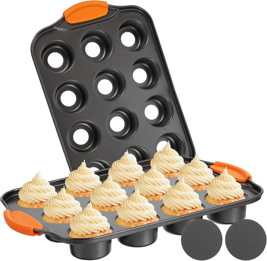2Pack Mini Cheesecake Pans Removable Bottom Mini Cupcake Pans, 12 Cavity Minii Cheesecake Molds with Silicone Handle Nonslip Muffin Pan Baking Supplies