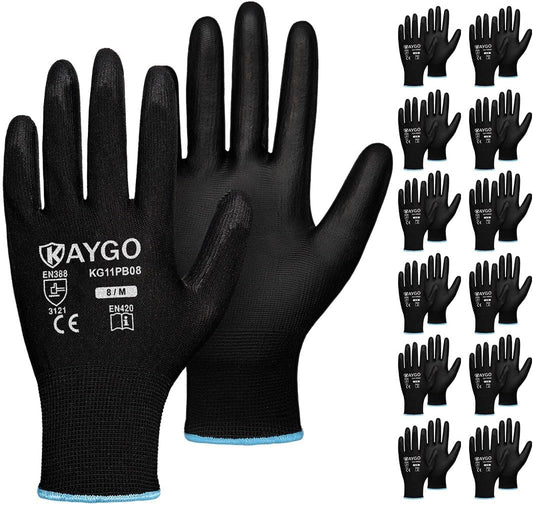 KAYGO Safety Work Gloves PU Coated,12 Pairs KG11PB Seamless Knit Glove for Men and Women, with Smooth Grip on Palm and Fingers, Ideal for General Duty Work (Medium, Black)