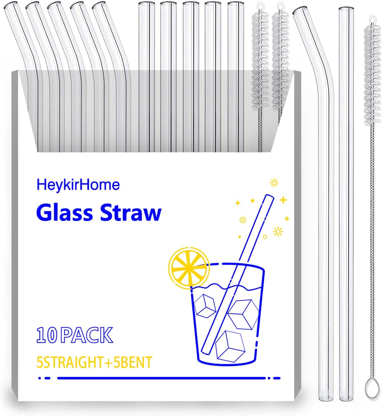 10-Pack Reusable Glass Straw,Size 8.5''x10 MM,Including 5 Straight and 5 Bent with 2 Cleaning Brush- Perfect For Smoothies, Tea, Juice