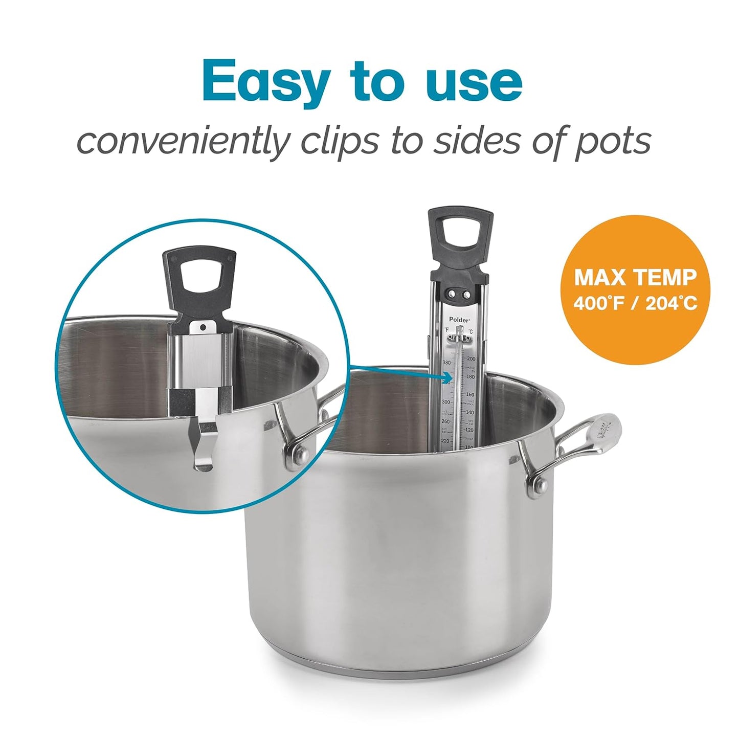 Polder Candy/Jelly/Deep Fry Thermometer, Stainless Steel, with Adjustable Sliding Pot Clip Attachment and Quick Reference Temperature Guide