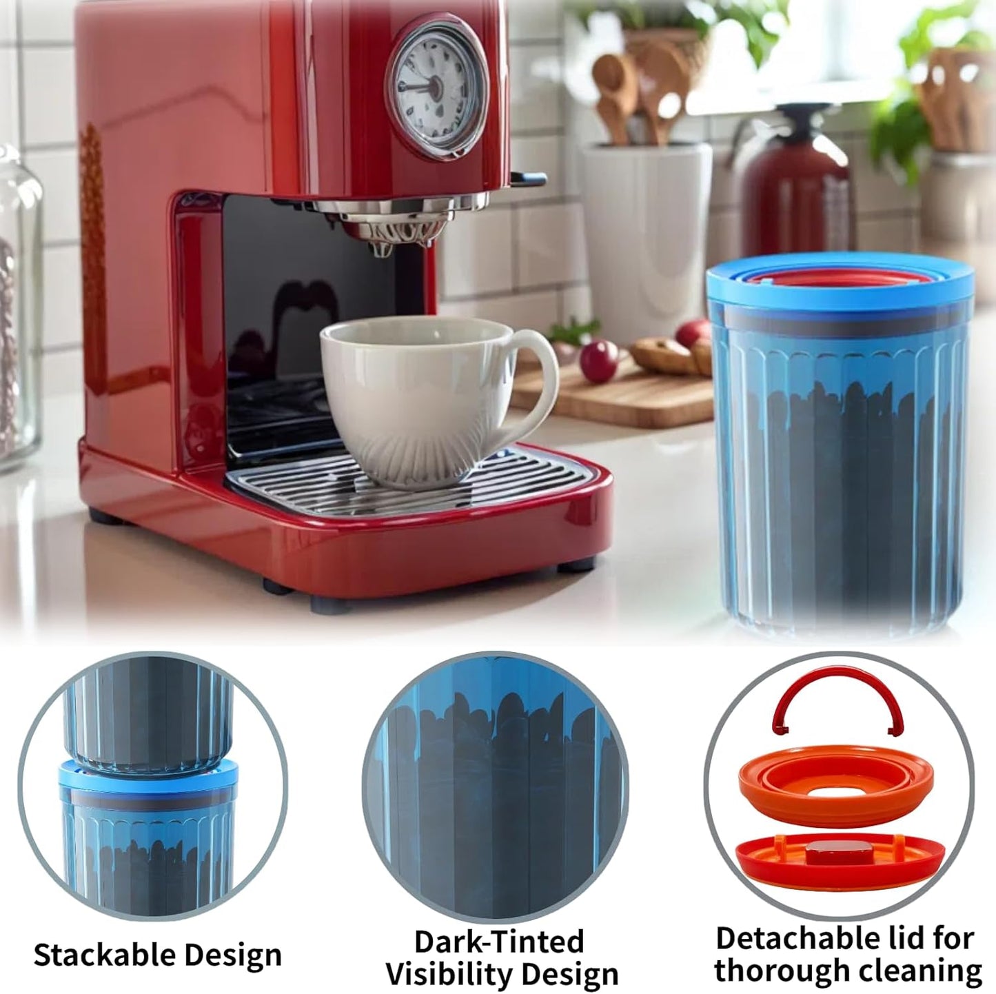 Small Airtight Ground Coffee Canister Storage Container with Lids BPA Free Plastic for Coffee Beans Patented Pull Snap Lock Sealed Design Blue 24oz