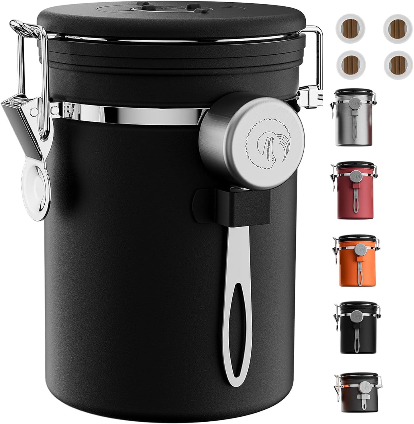 Coffee Gator Coffee Canister, 22oz Airtight Stainless Steel Kitchen Food Storage Container with Date Tracker, Valve, Scoop for Sugar, Grounds, Beans, Tea, Sugar, Cereal, Flour, Cookies Jars - Black