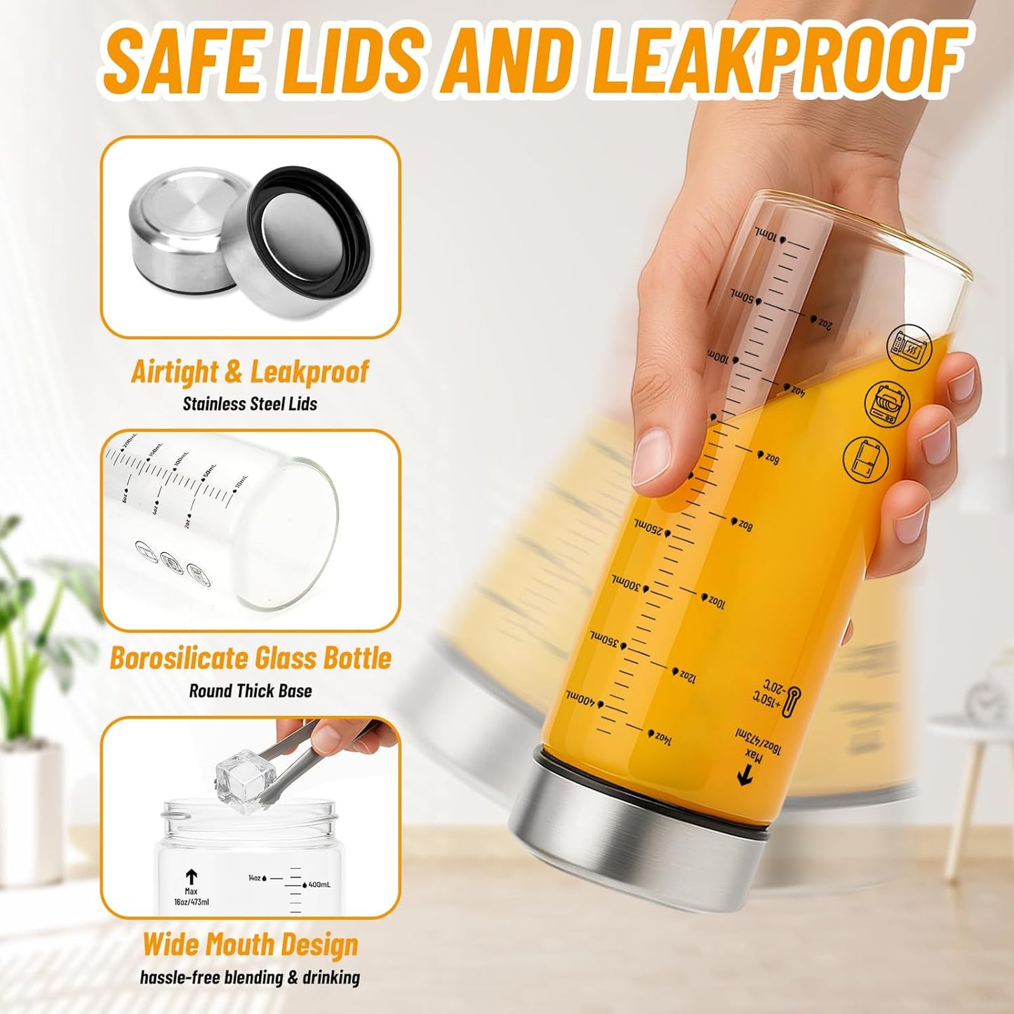 12oz Glass Water Bottles with Lids, 4 Pack Reusable Wide Mouth Juice Bottles with Stainless Steel Caps, Leakproof Borosilicate Glass for Juicing, Smoothies & Storage, BPA-Free,Dishwasher Safe