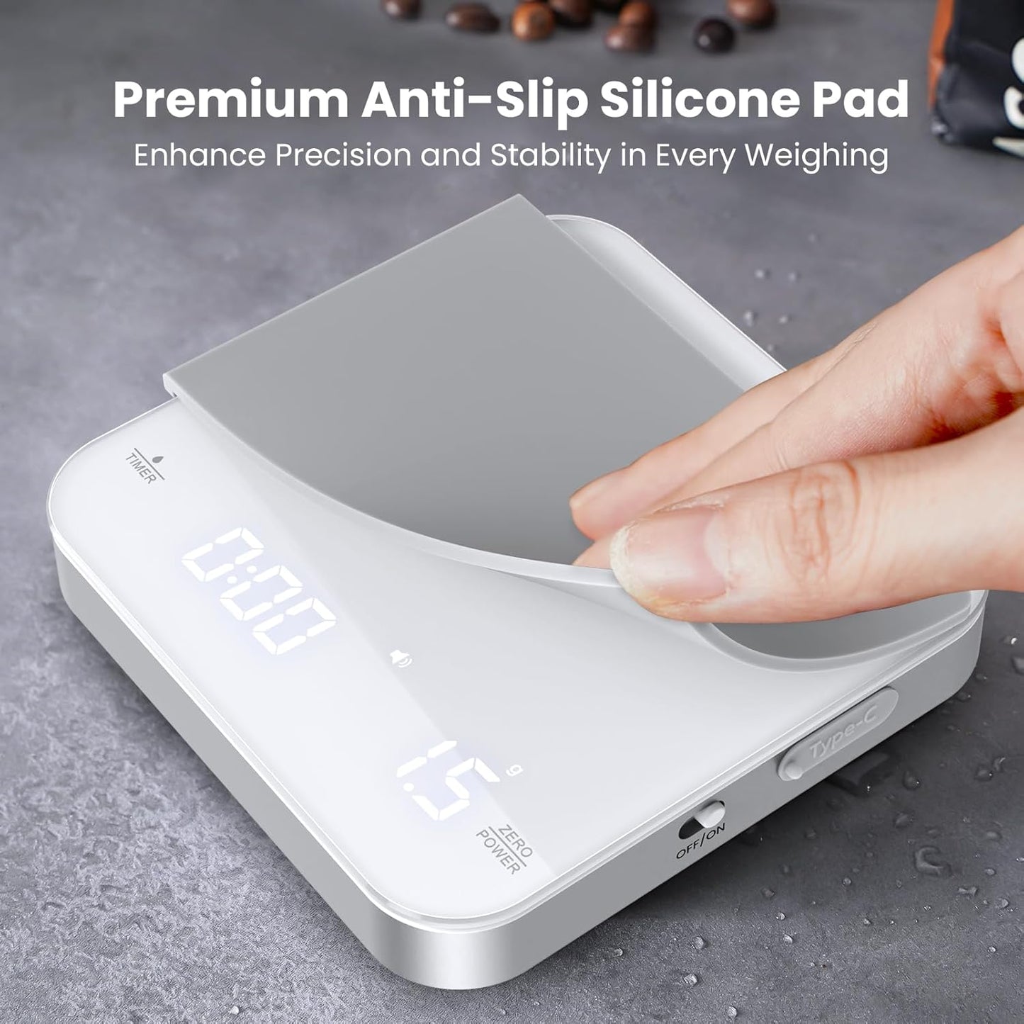 Rechargeable Mini Coffee Scale with Timer, Maestri House Espresso Scale, 2kg/0.1g Accurate Scale for Espresso and Pour-Over Coffee, Portable Digital Kitchen Scale with Automatic Timing（White&Silver）