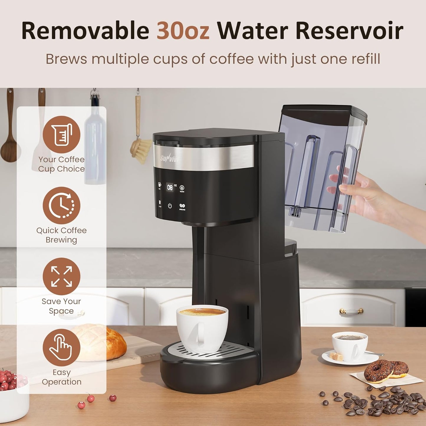 SUNVIVI Iced Coffee Maker, Single Serve Coffee Maker with 3 Brewing Options for K Cup Pod or Ground Coffee, 30oz Removable Water Reservoir & Reusable Filter, Ideal for Home & Office, Black