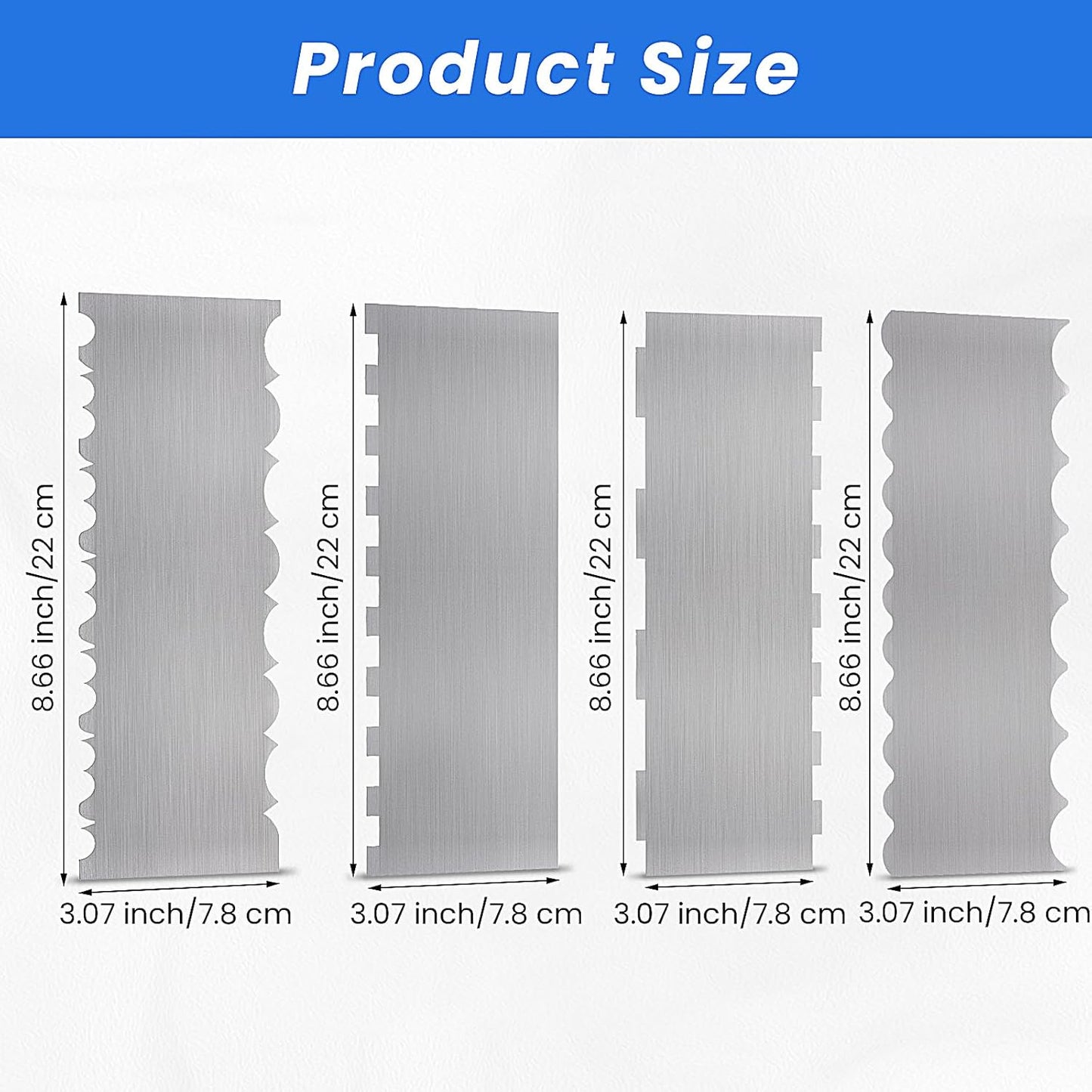 4 Pieces Stainless Steel Cake Scraper 10 Inch and Sided Patterned Edge Stripe Edge Smoother Scraper Cake Decorating Comb Cake Pastry Cutter for Mousse Butter Cream Cake Decoration